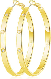 OOOPEL Sterling Silver Hoop Earrings for Women Gold Silver Large Hoops with Zirconia and Heart Engraving Hypoallergenic 4mm Wide Big Hoop Earrings for Women (30/40/50/60mm)