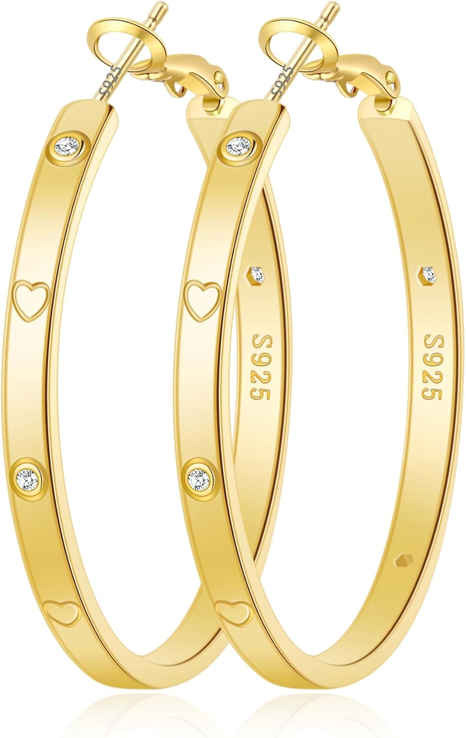 OOOPEL Sterling Silver Hoop Earrings for Women Gold Silver Large Hoops with Zirconia and Heart Engraving Hypoallergenic 4mm Wide Big Hoop Earrings for Women (30/40/50/60mm)