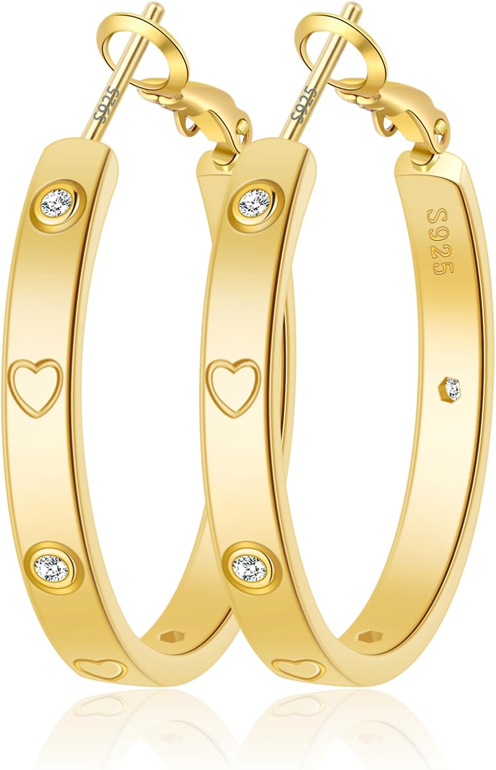 OOOPEL Sterling Silver Hoop Earrings for Women Gold Silver Large Hoops with Zirconia and Heart Engraving Hypoallergenic 4mm Wide Big Hoop Earrings for Women (30/40/50/60mm)