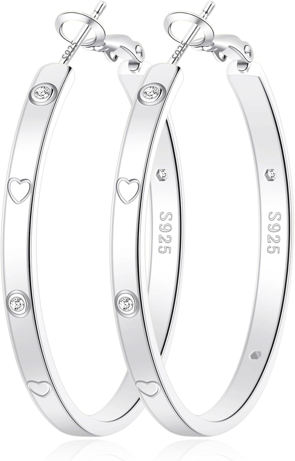 OOOPEL Sterling Silver Hoop Earrings for Women Gold Silver Large Hoops with Zirconia and Heart Engraving Hypoallergenic 4mm Wide Big Hoop Earrings for Women (30/40/50/60mm)