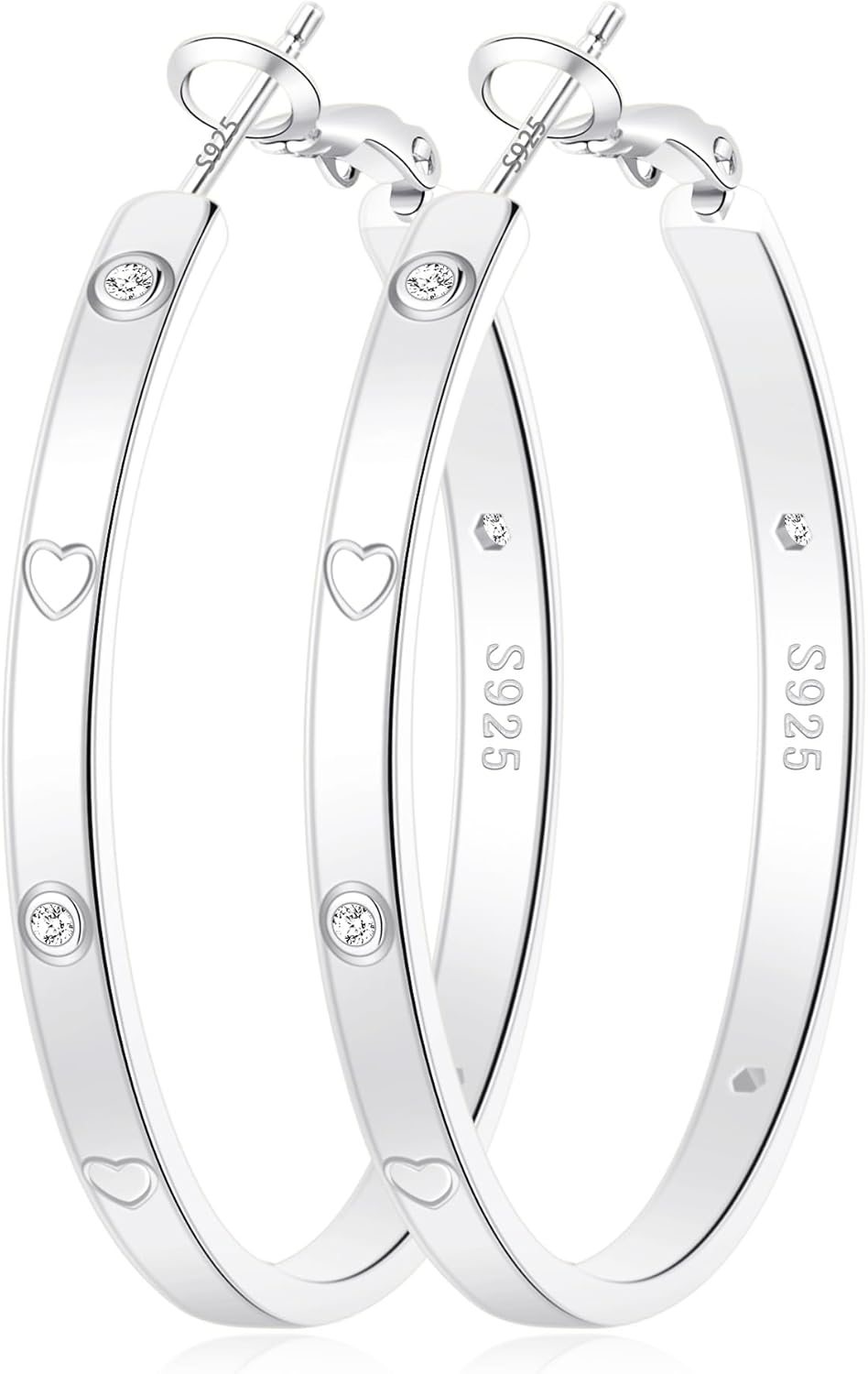 OOOPEL Sterling Silver Hoop Earrings for Women Gold Silver Large Hoops with Zirconia and Heart Engraving Hypoallergenic 4mm Wide Big Hoop Earrings for Women (30/40/50/60mm)
