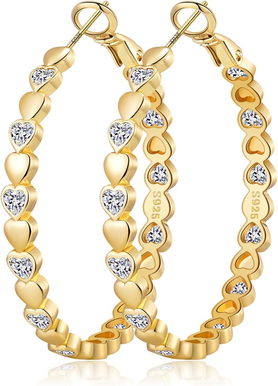 OOOPEL Heart Cubic Zirconia Large Hoop Earrings for Womens 925 Silver 14k Gold Plated Hypoallergenic Rhinestone Hoops Earring Sparkly Jewelry Gift 30/40/50/60mm