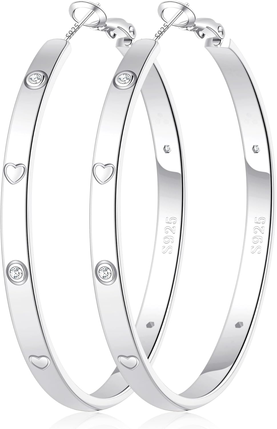 OOOPEL Sterling Silver Hoop Earrings for Women Gold Silver Large Hoops with Zirconia and Heart Engraving Hypoallergenic 4mm Wide Big Hoop Earrings for Women (30/40/50/60mm)