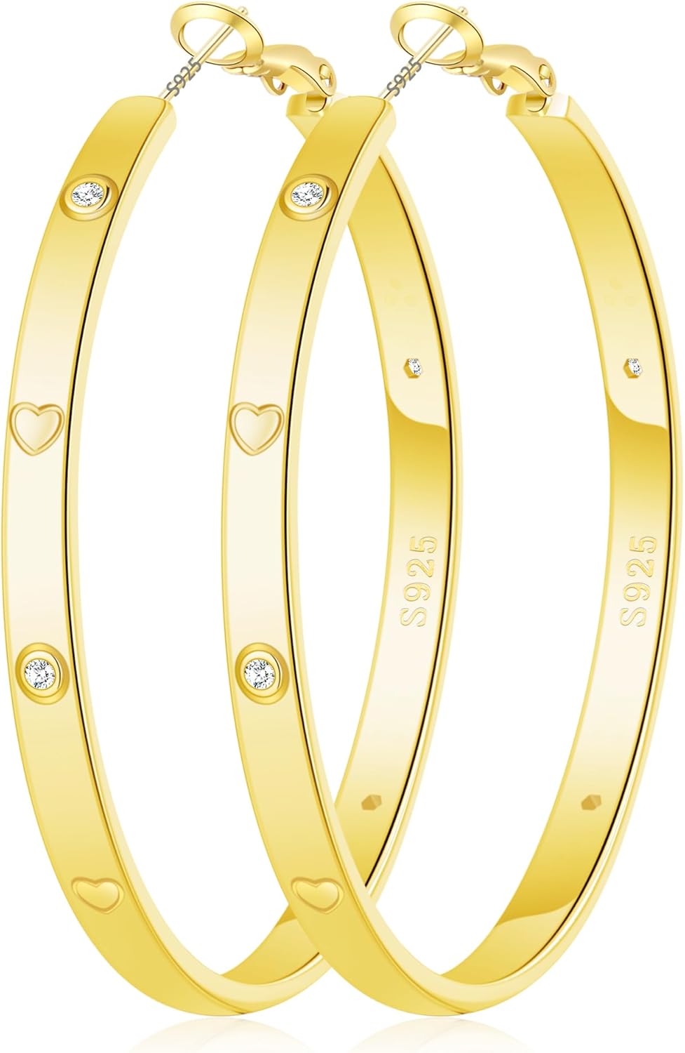 OOOPEL Sterling Silver Hoop Earrings for Women Gold Silver Large Hoops with Zirconia and Heart Engraving Hypoallergenic 4mm Wide Big Hoop Earrings for Women (30/40/50/60mm)