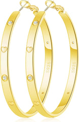 OOOPEL Sterling Silver Hoop Earrings for Women Gold Silver Large Hoops with Zirconia and Heart Engraving Hypoallergenic 4mm Wide Big Hoop Earrings for Women (30/40/50/60mm)