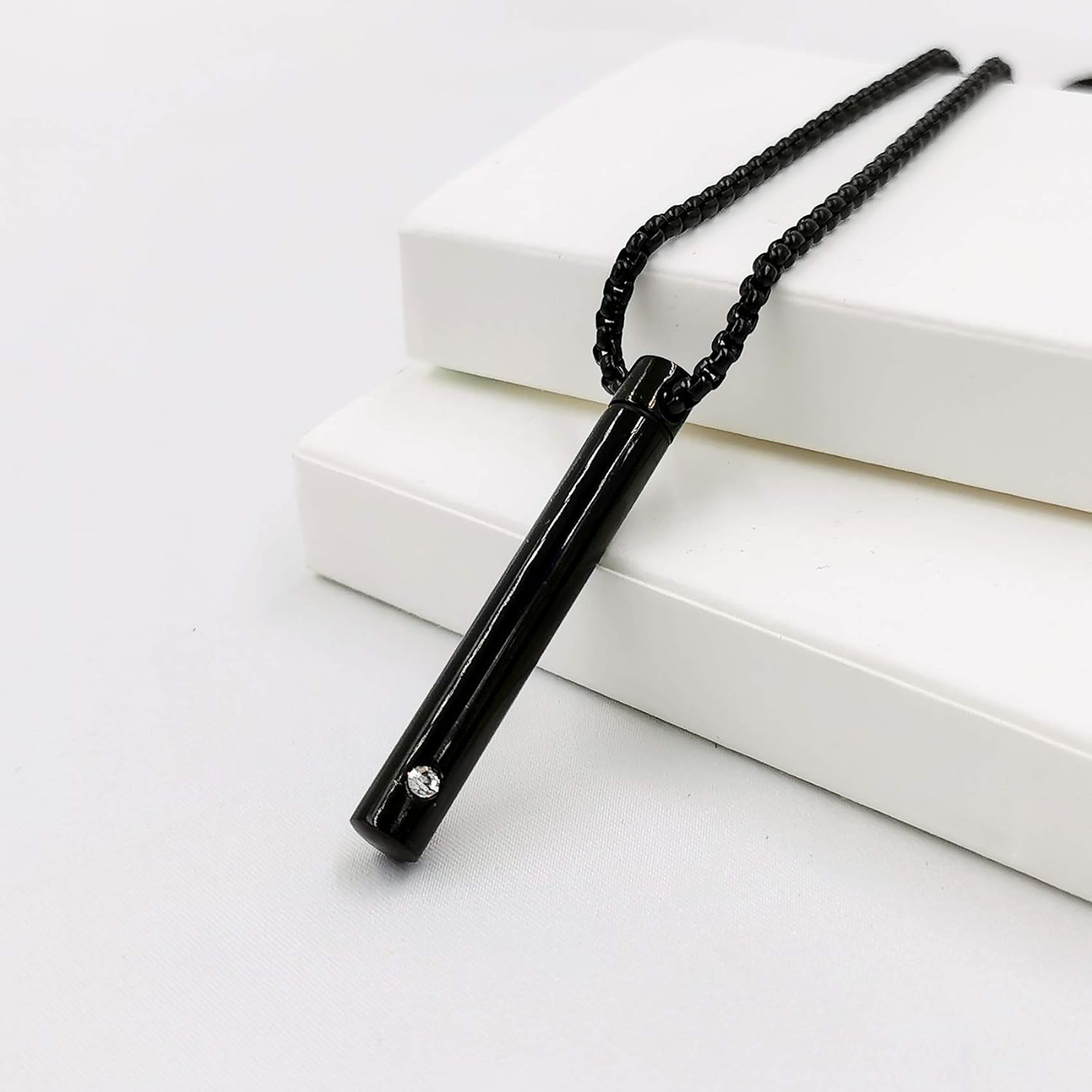 MOROTOLE 2 Pcs Urn Necklaces for Ashes Memorial Cremation Urn Necklace Stainless Steel Black Silver Tone Bar Pendant Necklace Ashes Keepsake Jewelry with Cubic Zirconia