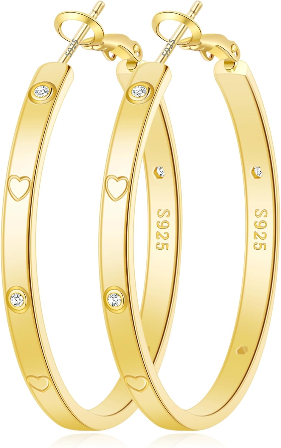 OOOPEL Sterling Silver Hoop Earrings for Women Gold Silver Large Hoops with Zirconia and Heart Engraving Hypoallergenic 4mm Wide Big Hoop Earrings for Women (30/40/50/60mm)