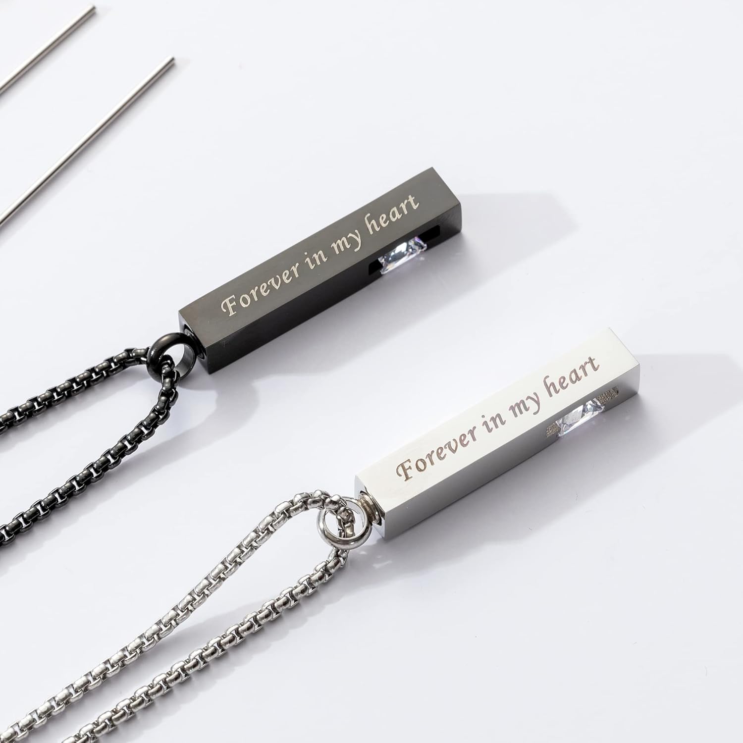 MOROTOLE 2 Pcs Urn Necklaces for Ashes Memorial Cremation Urn Necklace Stainless Steel Black Silver Tone Bar Pendant Necklace Ashes Keepsake Jewelry with Cubic Zirconia
