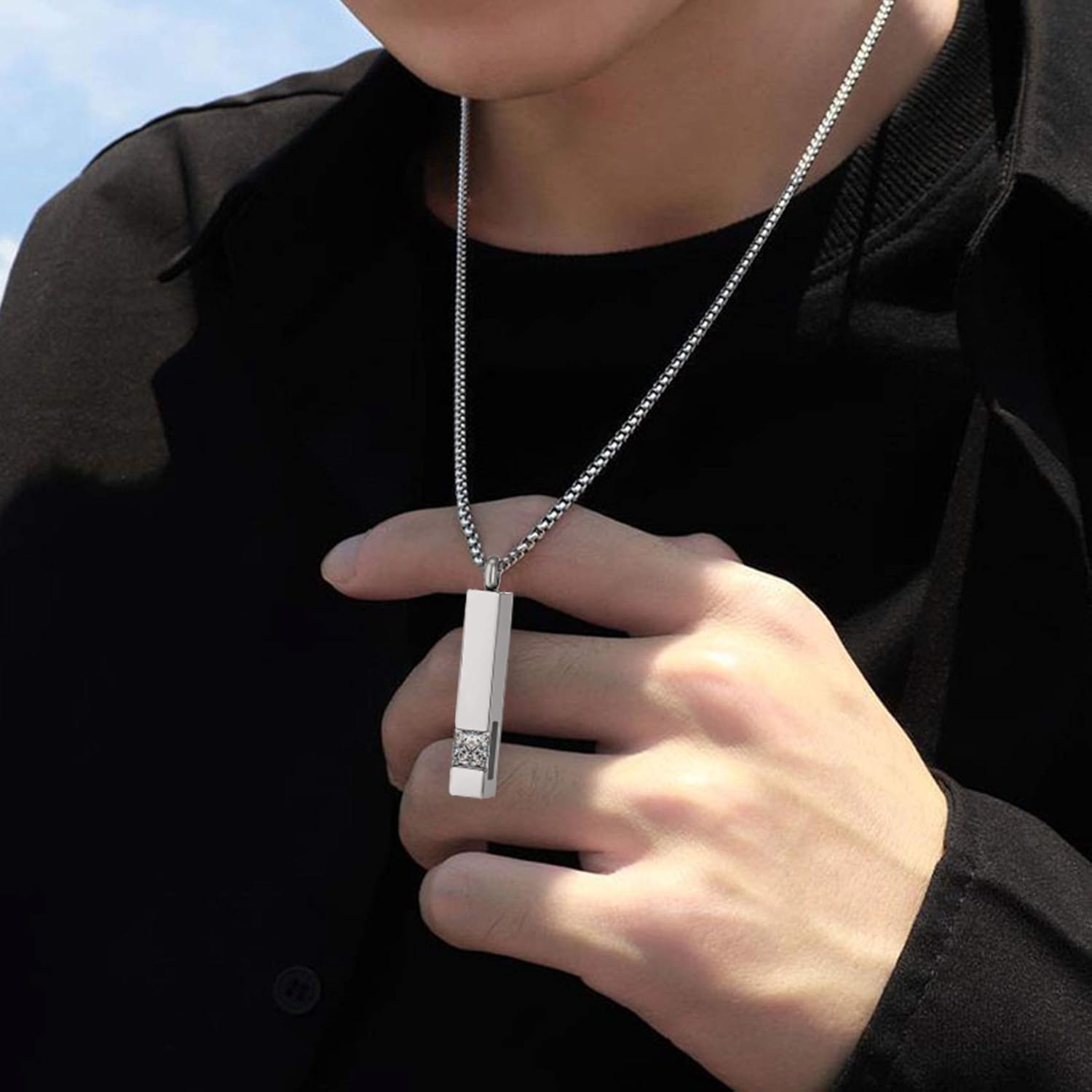 MOROTOLE 2 Pcs Urn Necklaces for Ashes Memorial Cremation Urn Necklace Stainless Steel Black Silver Tone Bar Pendant Necklace Ashes Keepsake Jewelry with Cubic Zirconia