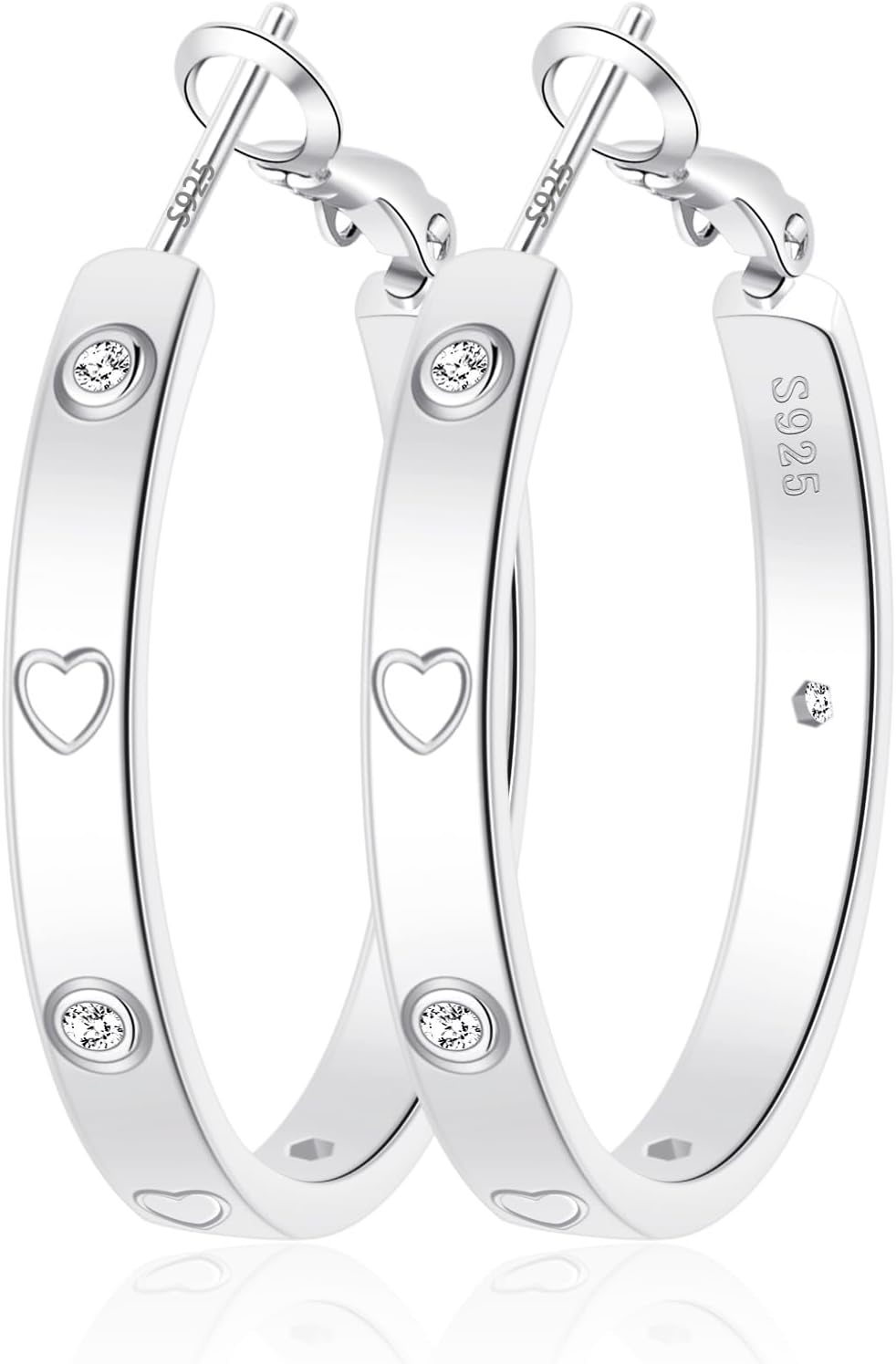 OOOPEL Sterling Silver Hoop Earrings for Women Gold Silver Large Hoops with Zirconia and Heart Engraving Hypoallergenic 4mm Wide Big Hoop Earrings for Women (30/40/50/60mm)