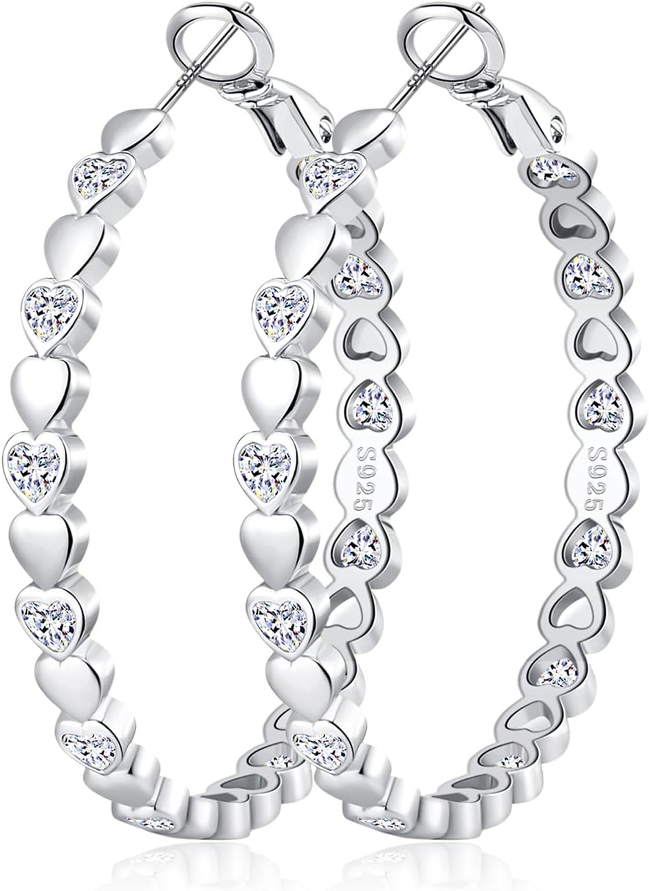 OOOPEL Heart Cubic Zirconia Large Hoop Earrings for Womens 925 Silver 14k Gold Plated Hypoallergenic Rhinestone Hoops Earring Sparkly Jewelry Gift 30/40/50/60mm