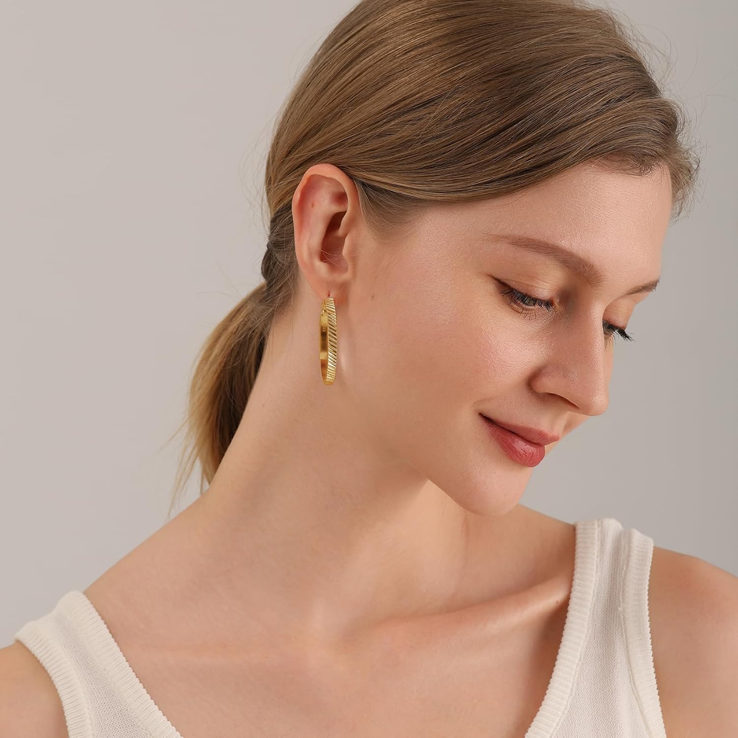 OOOPEL Wide Large Hoop Earrings for Women Stripe Chunky Hoops Minimalist S925 Sterling Silver Hypoallergenic Thick Big Gold Hoop Earrings