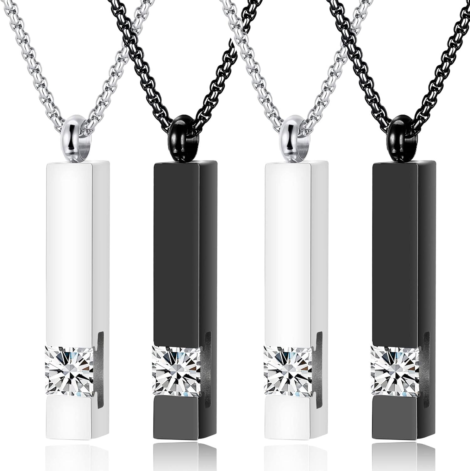 MOROTOLE 2 Pcs Urn Necklaces for Ashes Memorial Cremation Urn Necklace Stainless Steel Black Silver Tone Bar Pendant Necklace Ashes Keepsake Jewelry with Cubic Zirconia