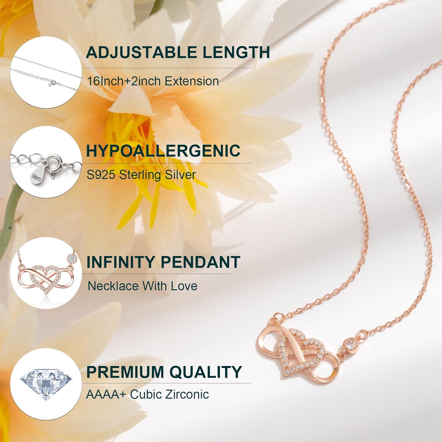 OOOPEL Gift for Mom/Daughter Sterling Silver Infinity Necklace with Heart Mother Daughter Necklace Birthday Mother's Day Gift for Mum Daughter with Love Card