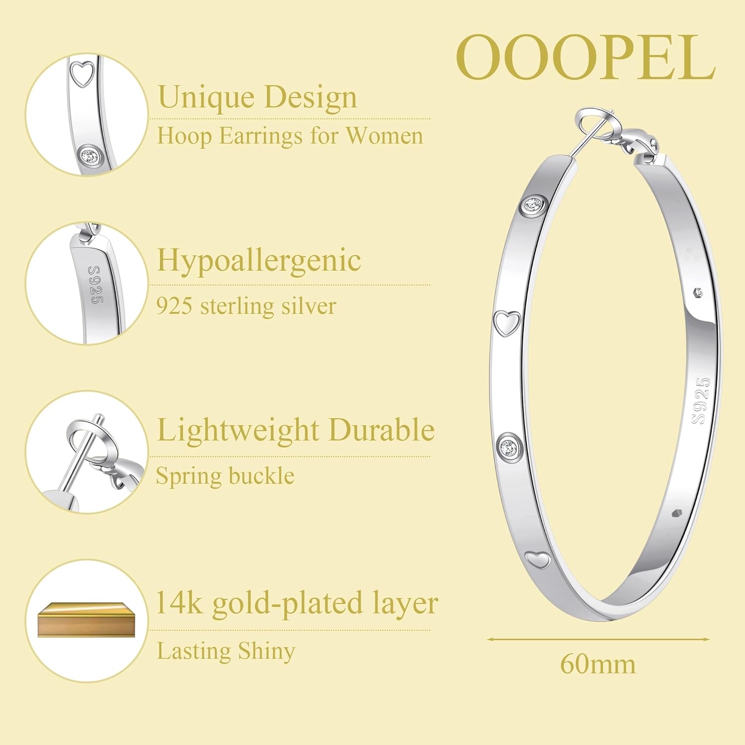 OOOPEL Sterling Silver Hoop Earrings for Women Gold Silver Large Hoops with Zirconia and Heart Engraving Hypoallergenic 4mm Wide Big Hoop Earrings for Women (30/40/50/60mm)