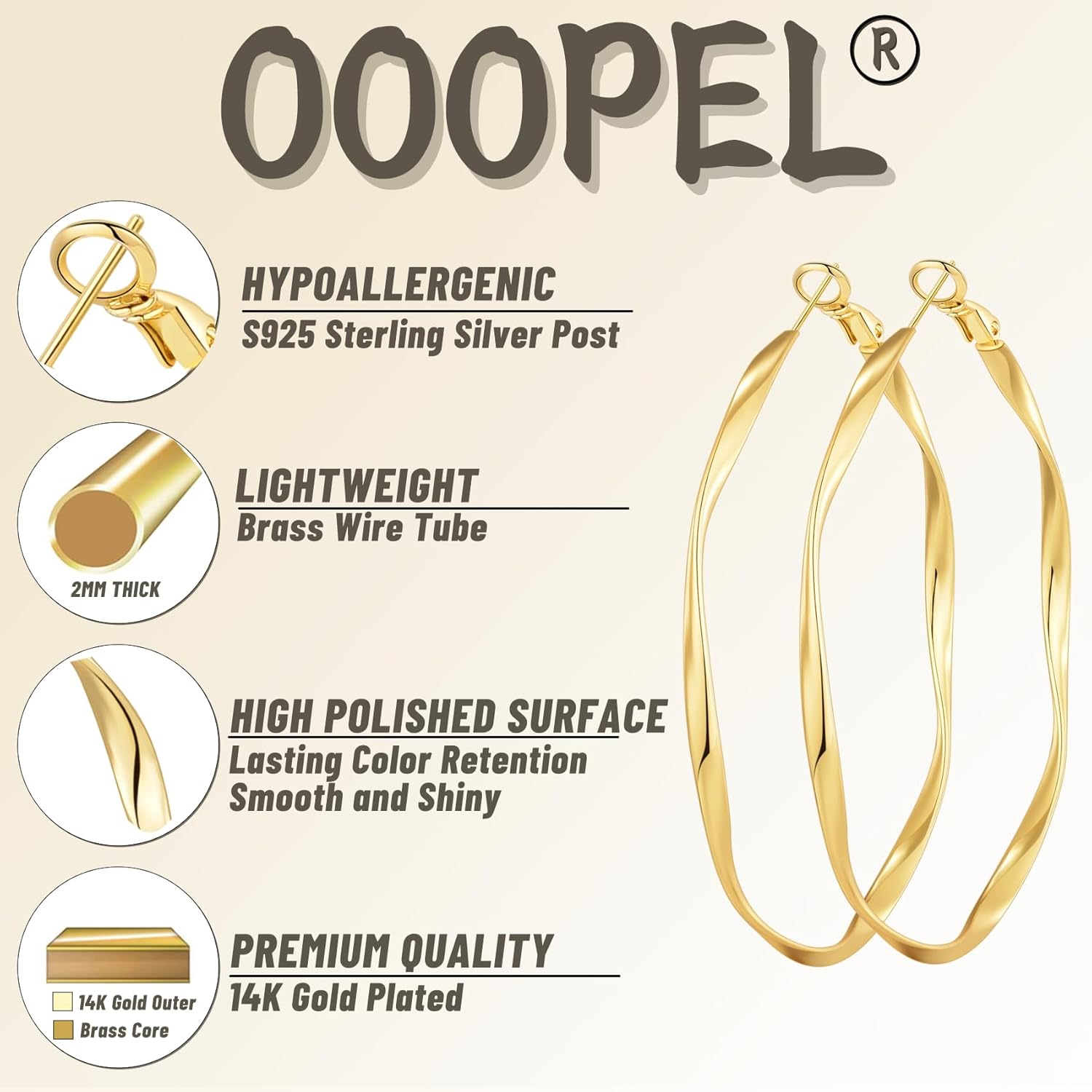 OOOPEL Gold Hoops Earrings for Women, Big 925 Sterling Silver Hoop Earrings Lightweight Hypoallergenic Sterling Silver Hoop Earrings for Women 30MM 40MM 50MM 60MM