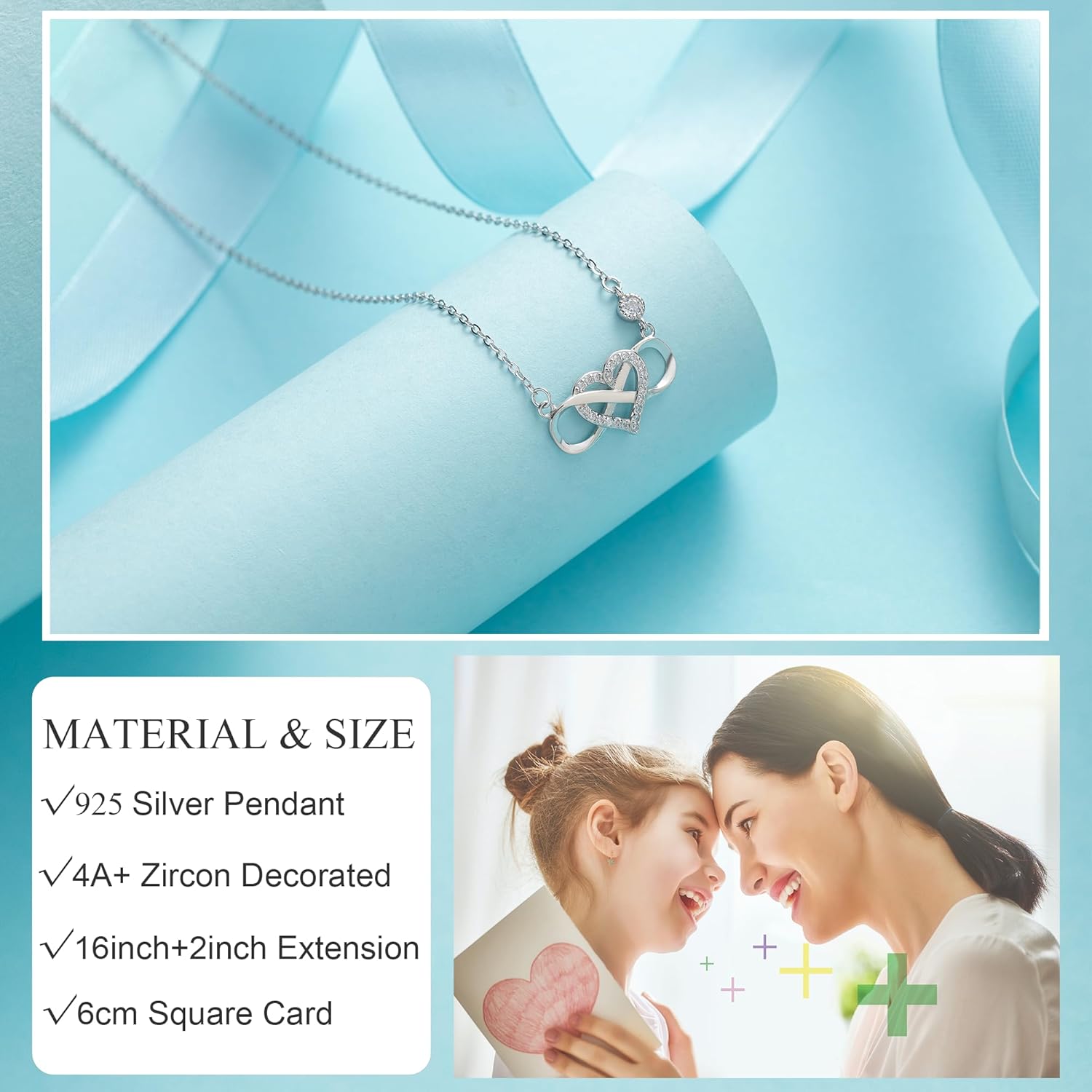 OOOPEL Gift for Mom/Daughter Sterling Silver Infinity Necklace with Heart Mother Daughter Necklace Birthday Mother's Day Gift for Mum Daughter with Love Card