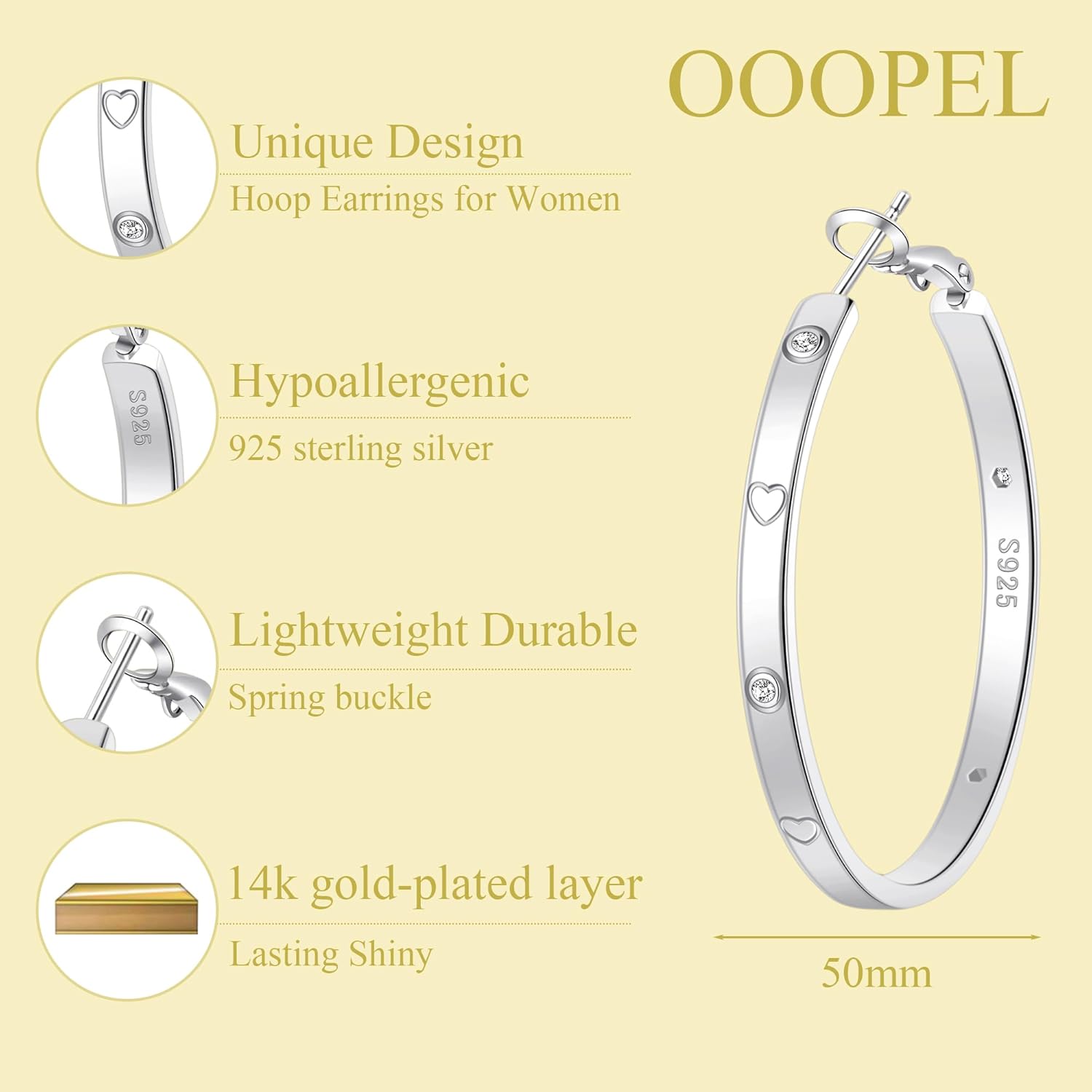 OOOPEL Sterling Silver Hoop Earrings for Women Gold Silver Large Hoops with Zirconia and Heart Engraving Hypoallergenic 4mm Wide Big Hoop Earrings for Women (30/40/50/60mm)