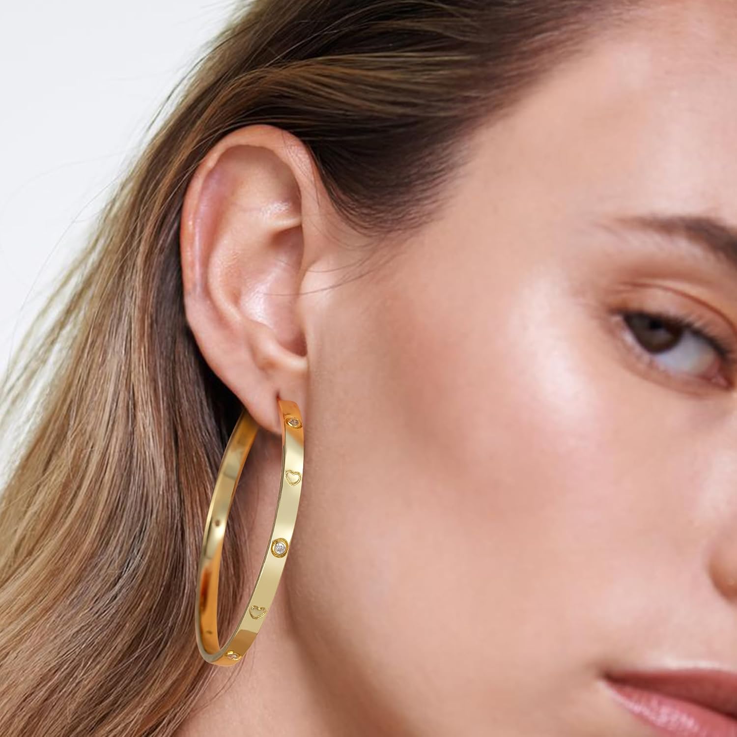OOOPEL Sterling Silver Hoop Earrings for Women Gold Silver Large Hoops with Zirconia and Heart Engraving Hypoallergenic 4mm Wide Big Hoop Earrings for Women (30/40/50/60mm)
