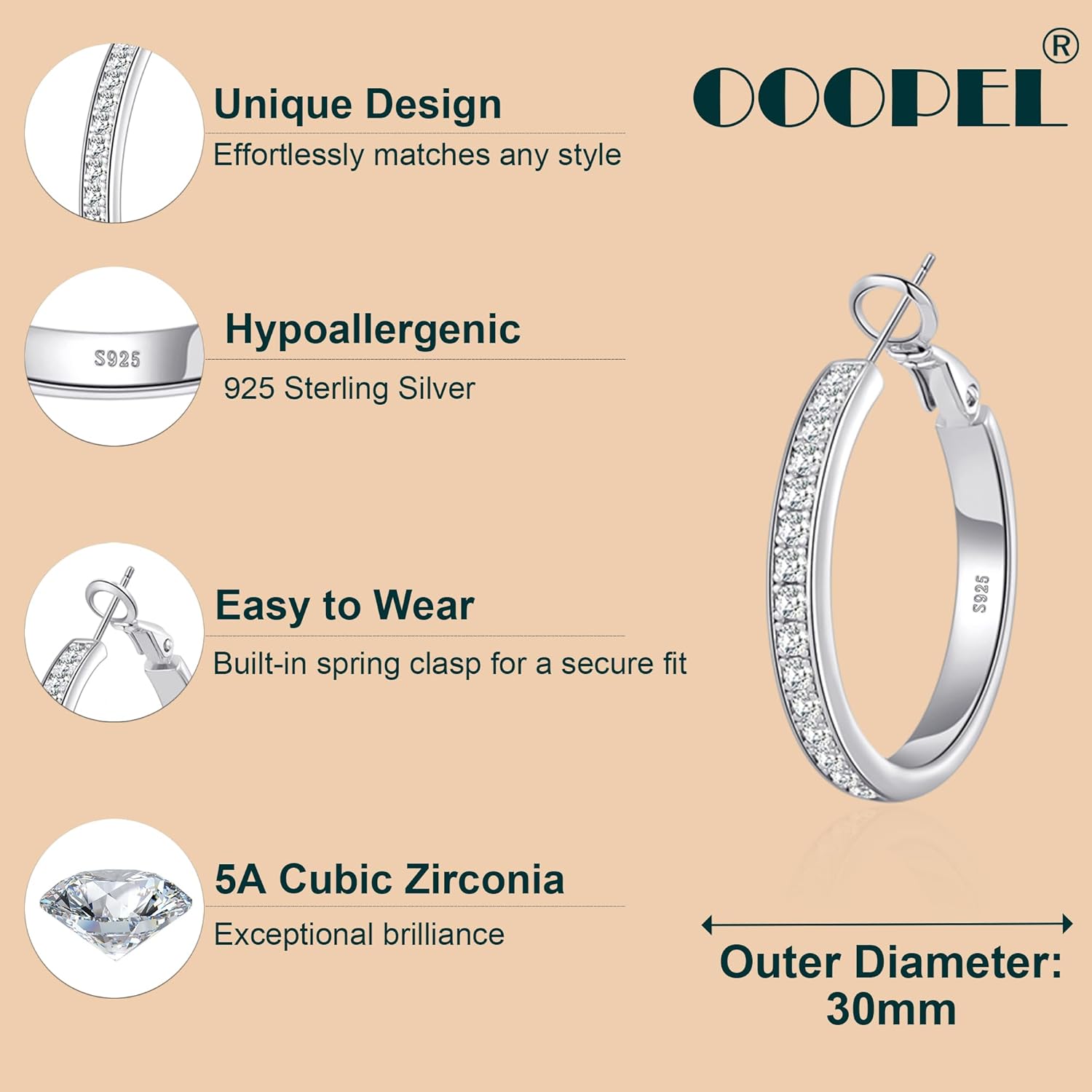 OOOPEL Large Rhinestone Hoops Sparkly Big CZ Hoop Earrings for Women Non Tarnish 925 Sterling Silver/Gold Plated Rhinestone Earrings for Sensitive Ears 30/40/50/60mm