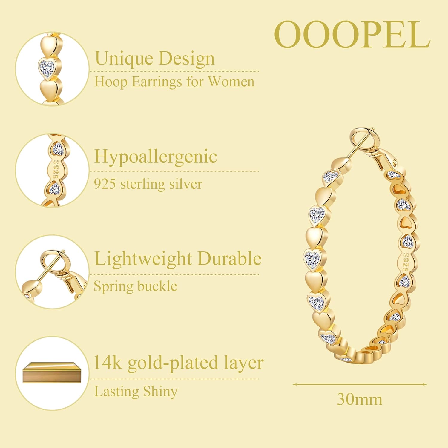 OOOPEL Heart Cubic Zirconia Large Hoop Earrings for Womens 925 Silver 14k Gold Plated Hypoallergenic Rhinestone Hoops Earring Sparkly Jewelry Gift 30/40/50/60mm