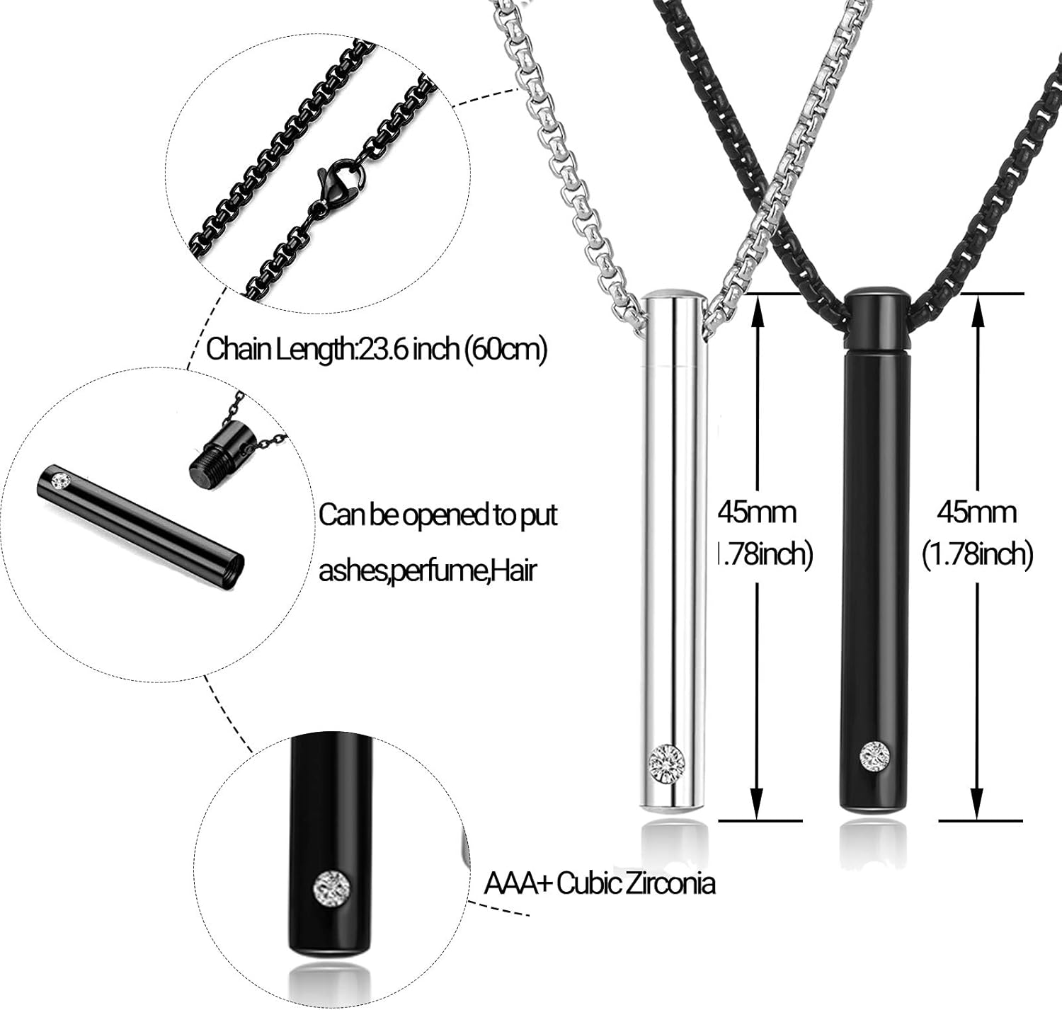 MOROTOLE 2 Pcs Urn Necklaces for Ashes Memorial Cremation Urn Necklace Stainless Steel Black Silver Tone Bar Pendant Necklace Ashes Keepsake Jewelry with Cubic Zirconia