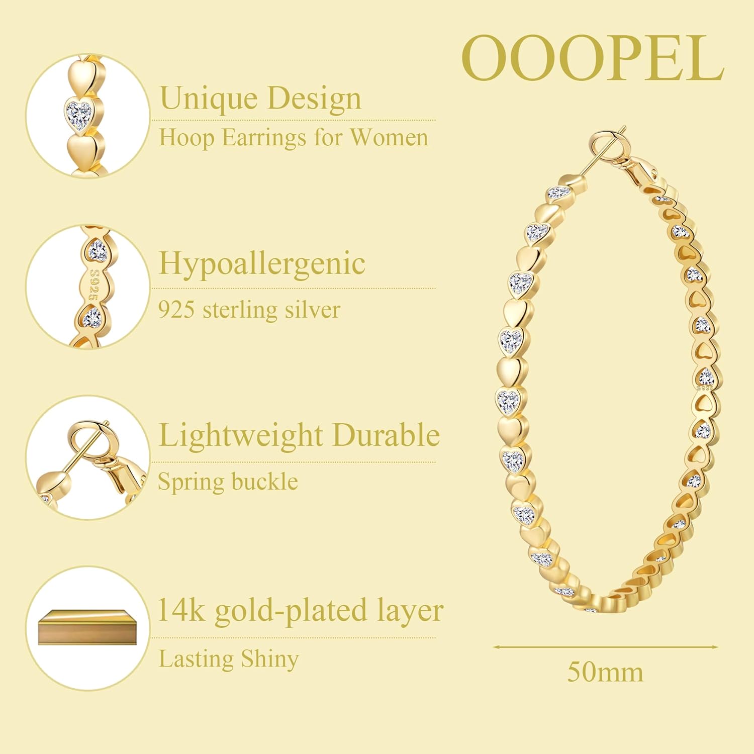 OOOPEL Heart Cubic Zirconia Large Hoop Earrings for Womens 925 Silver 14k Gold Plated Hypoallergenic Rhinestone Hoops Earring Sparkly Jewelry Gift 30/40/50/60mm