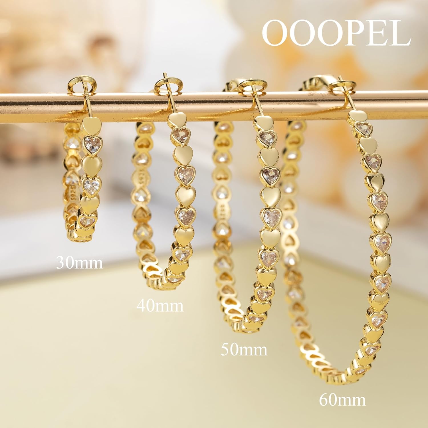 OOOPEL Heart Cubic Zirconia Large Hoop Earrings for Womens 925 Silver 14k Gold Plated Hypoallergenic Rhinestone Hoops Earring Sparkly Jewelry Gift 30/40/50/60mm
