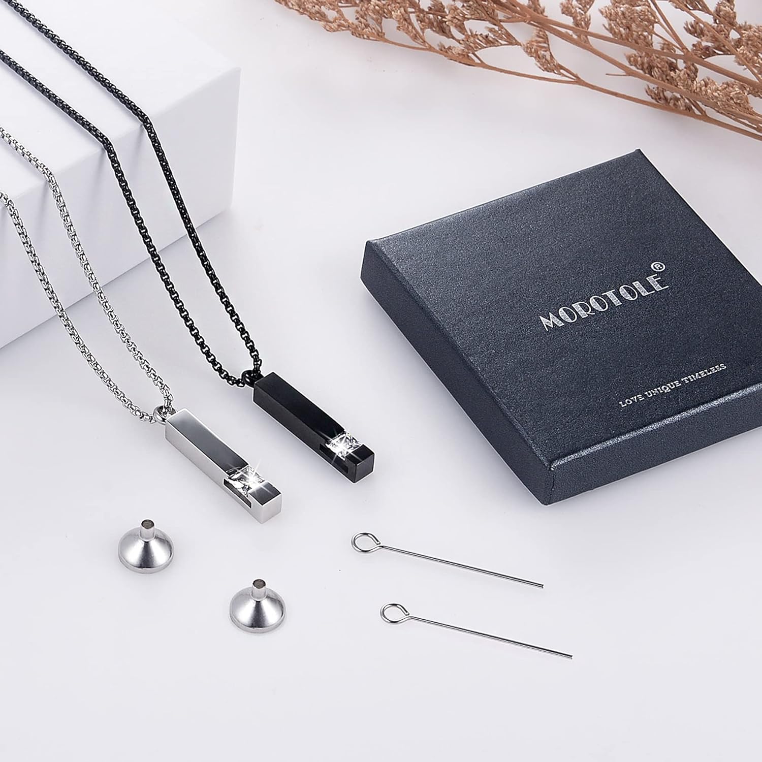 MOROTOLE 2 Pcs Urn Necklaces for Ashes Memorial Cremation Urn Necklace Stainless Steel Black Silver Tone Bar Pendant Necklace Ashes Keepsake Jewelry with Cubic Zirconia