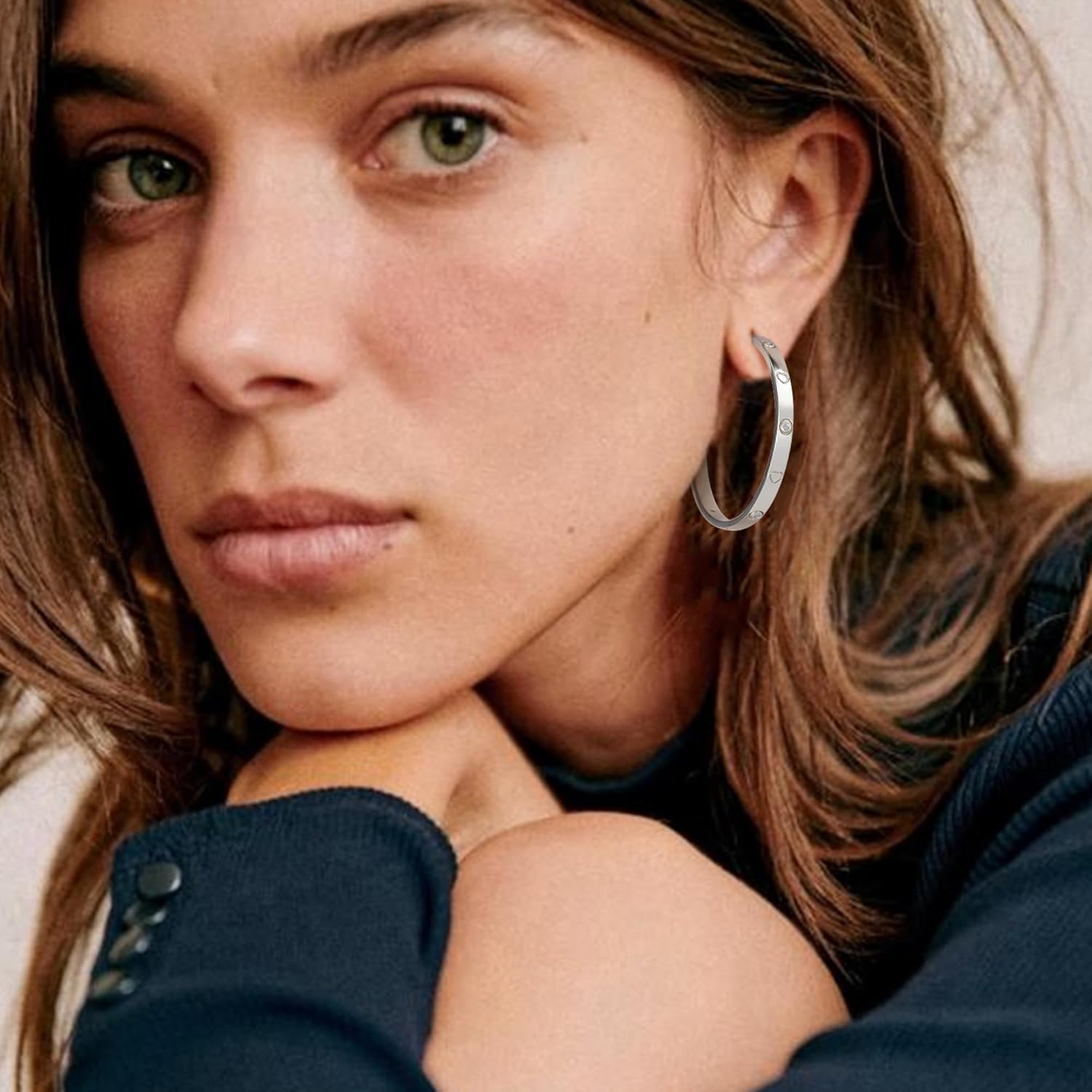 OOOPEL Sterling Silver Hoop Earrings for Women Gold Silver Large Hoops with Zirconia and Heart Engraving Hypoallergenic 4mm Wide Big Hoop Earrings for Women (30/40/50/60mm)