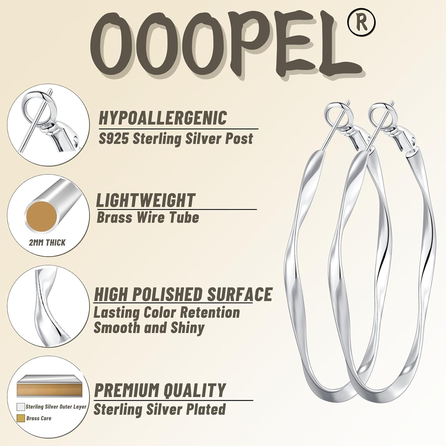 OOOPEL Gold Hoops Earrings for Women, Big 925 Sterling Silver Hoop Earrings Lightweight Hypoallergenic Sterling Silver Hoop Earrings for Women 30MM 40MM 50MM 60MM