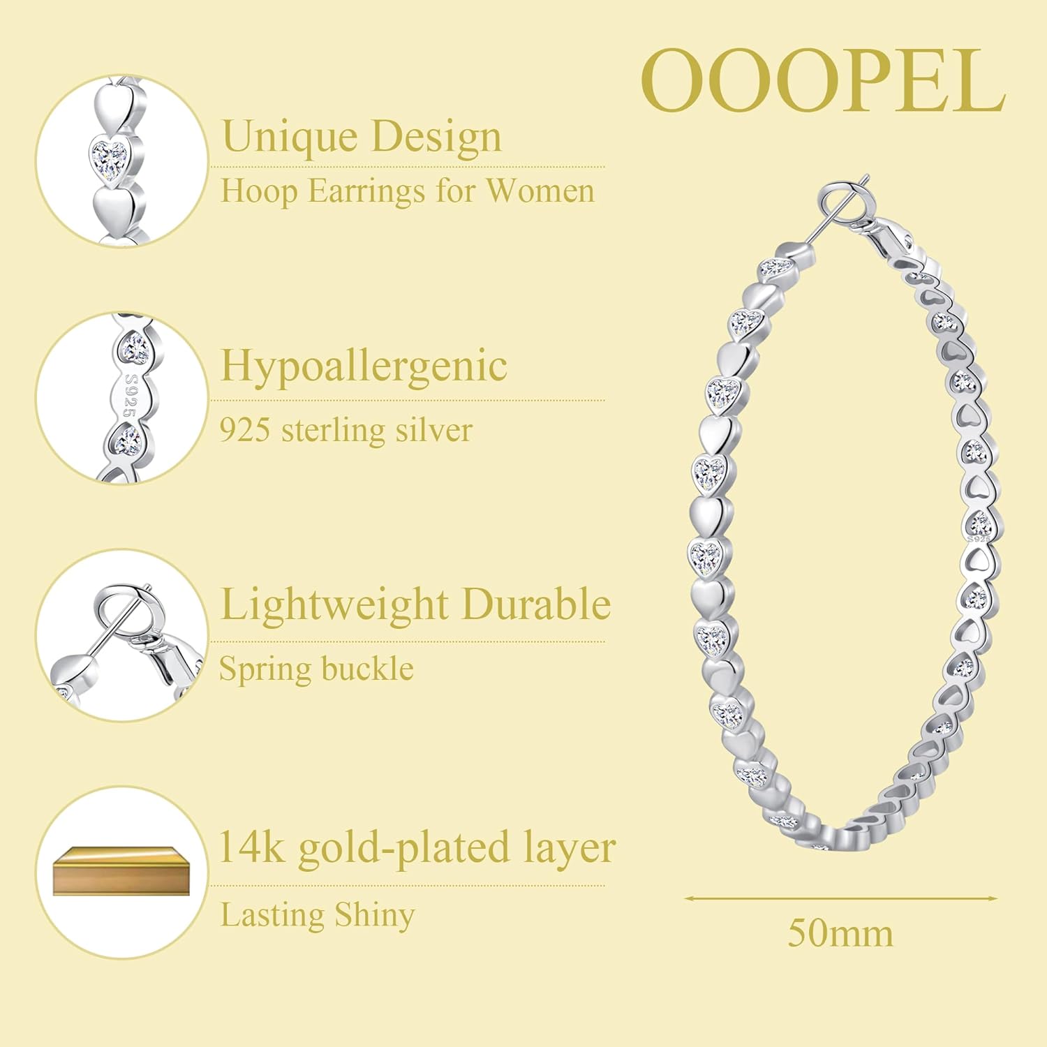 OOOPEL Heart Cubic Zirconia Large Hoop Earrings for Womens 925 Silver 14k Gold Plated Hypoallergenic Rhinestone Hoops Earring Sparkly Jewelry Gift 30/40/50/60mm