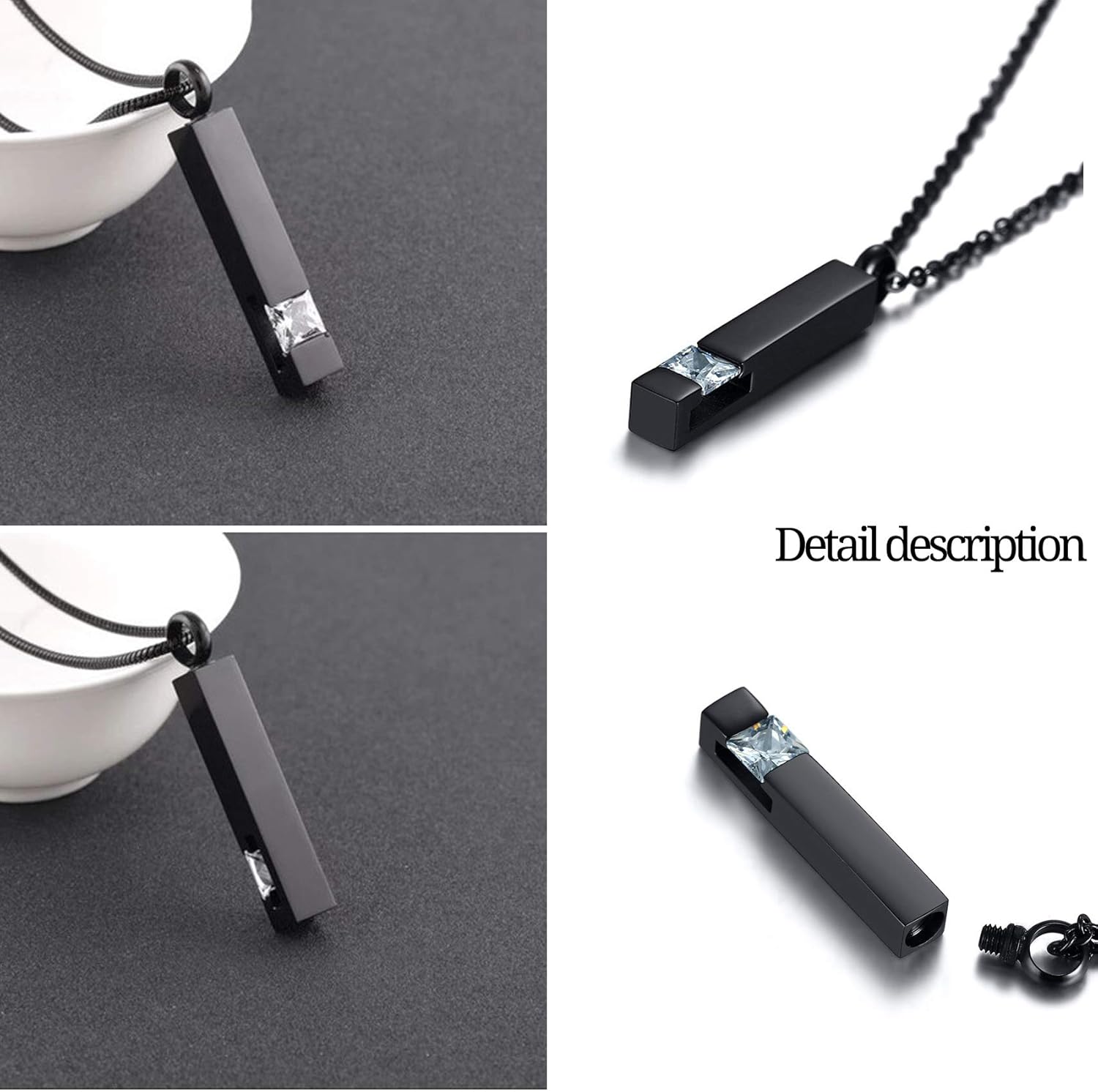 MOROTOLE 2 Pcs Urn Necklaces for Ashes Memorial Cremation Urn Necklace Stainless Steel Black Silver Tone Bar Pendant Necklace Ashes Keepsake Jewelry with Cubic Zirconia