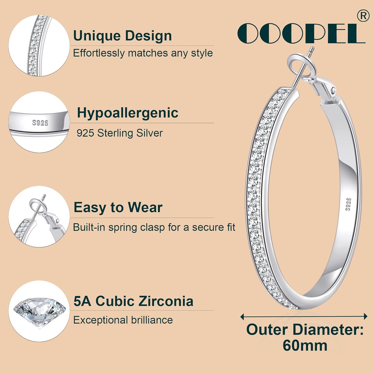 OOOPEL Large Rhinestone Hoops Sparkly Big CZ Hoop Earrings for Women Non Tarnish 925 Sterling Silver/Gold Plated Rhinestone Earrings for Sensitive Ears 30/40/50/60mm