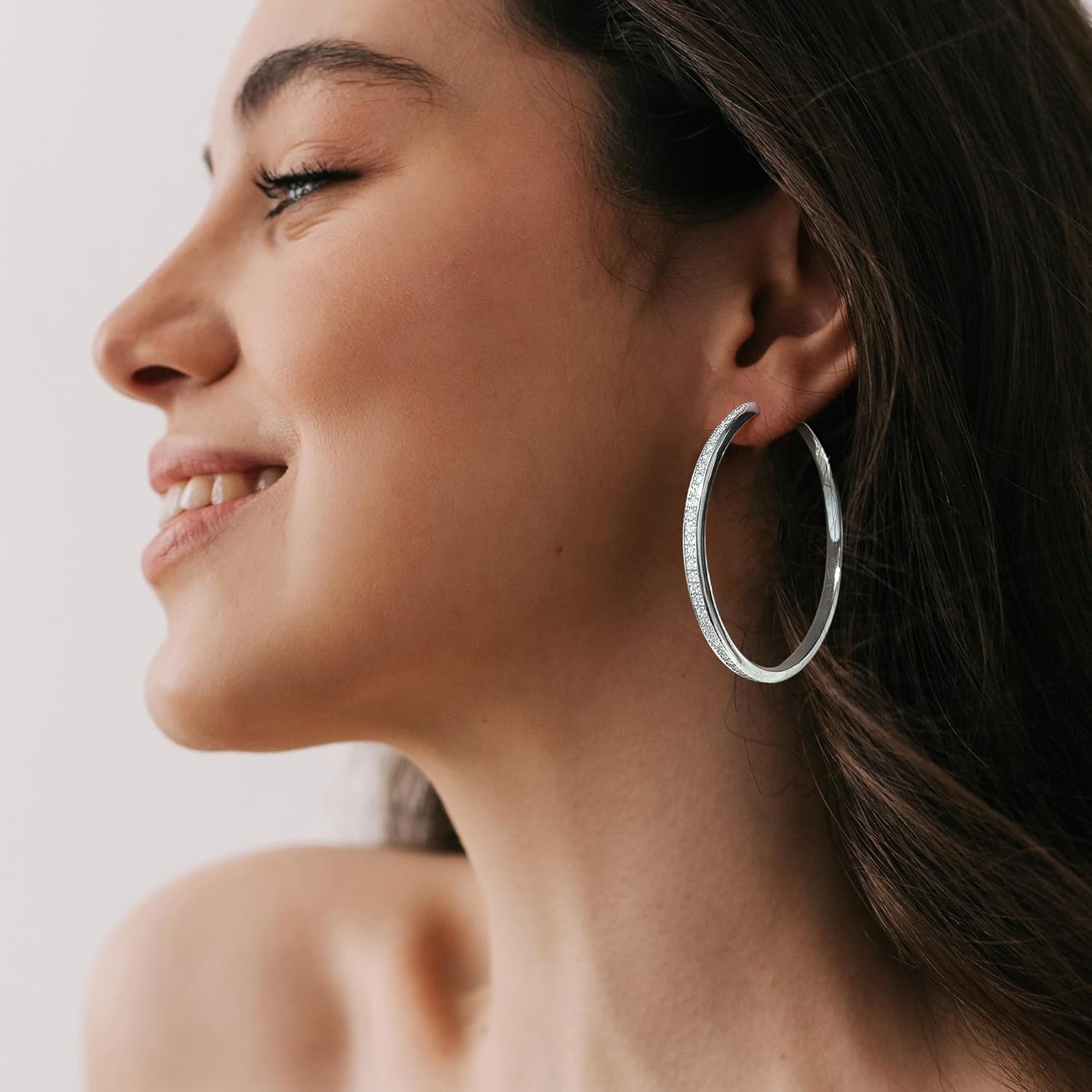 OOOPEL Large Rhinestone Hoops Sparkly Big CZ Hoop Earrings for Women Non Tarnish 925 Sterling Silver/Gold Plated Rhinestone Earrings for Sensitive Ears 30/40/50/60mm