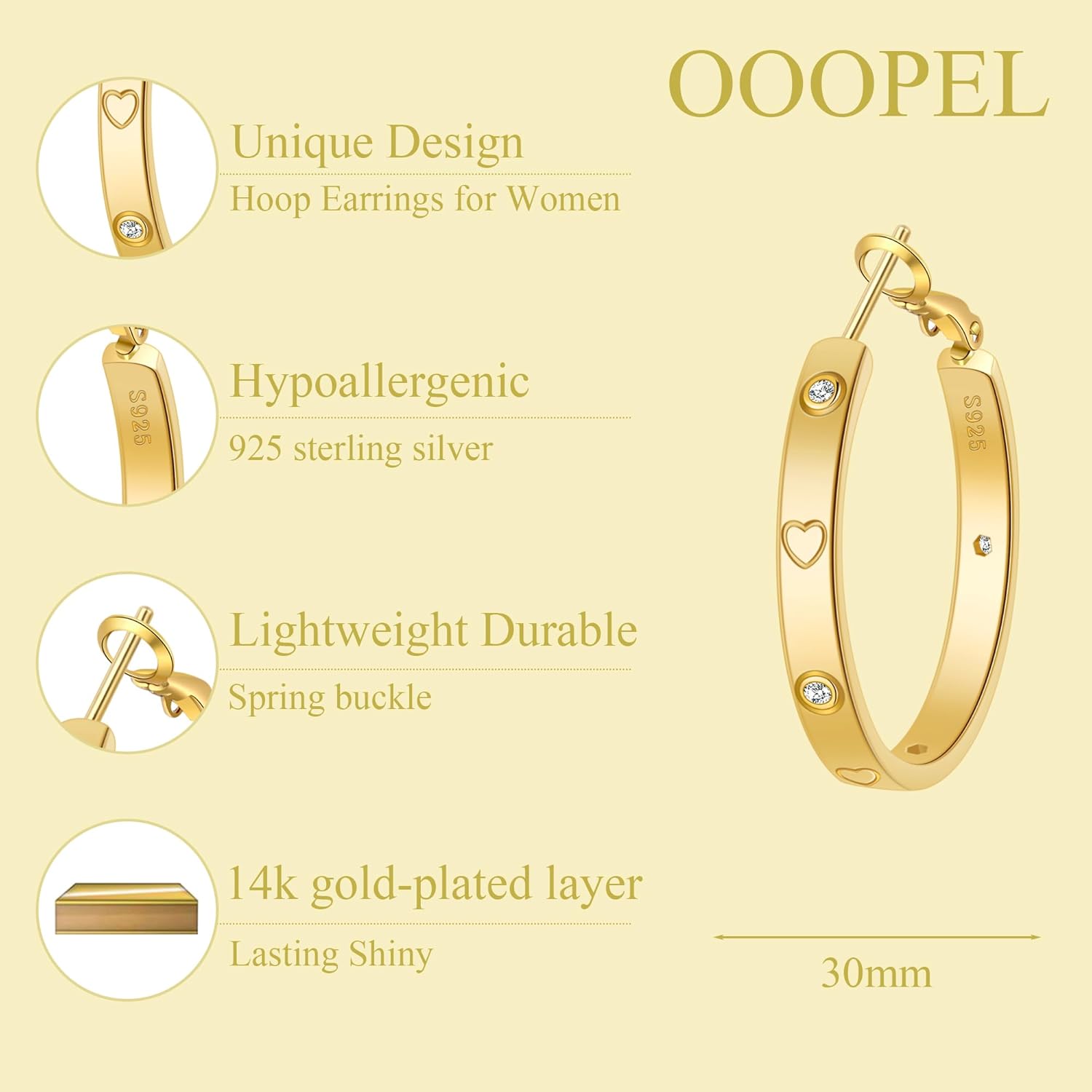 OOOPEL Sterling Silver Hoop Earrings for Women Gold Silver Large Hoops with Zirconia and Heart Engraving Hypoallergenic 4mm Wide Big Hoop Earrings for Women (30/40/50/60mm)