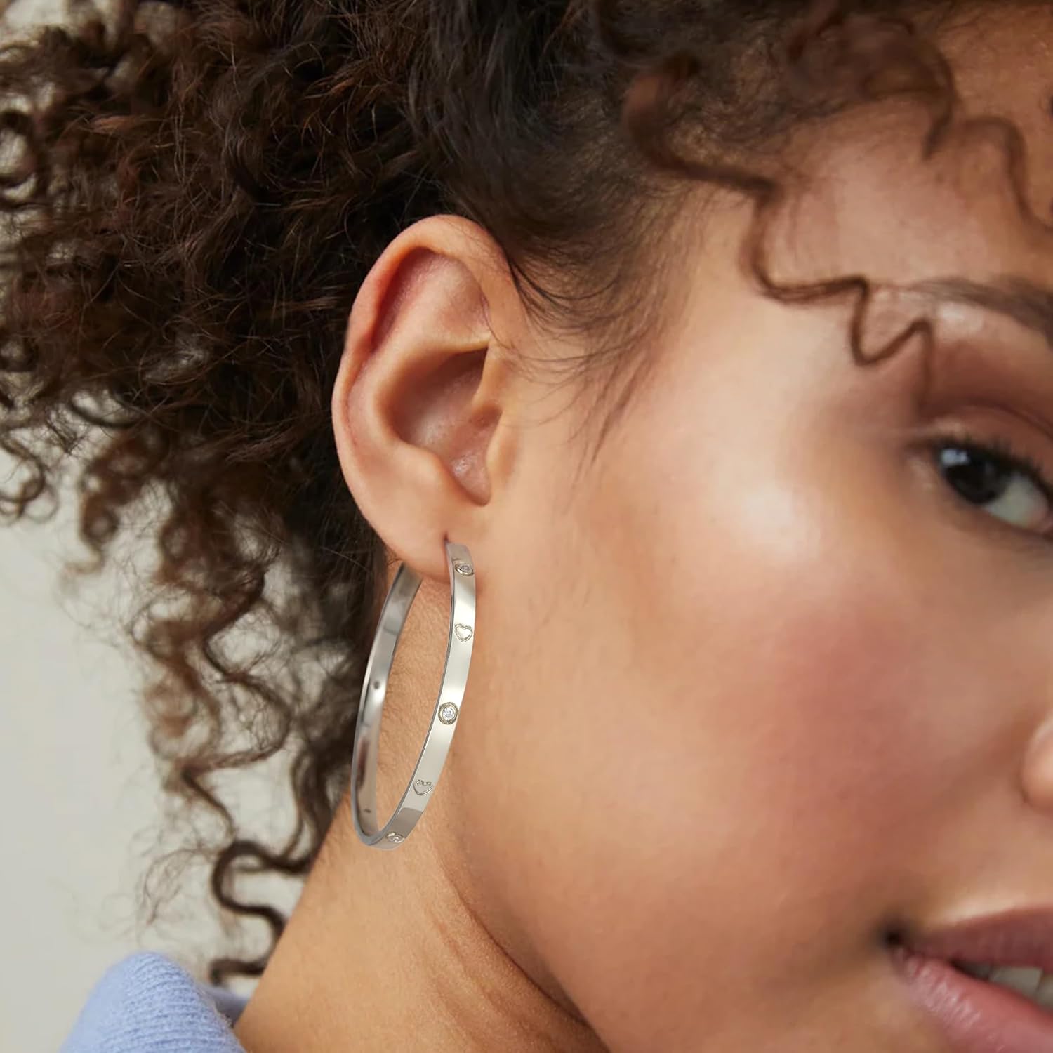 OOOPEL Sterling Silver Hoop Earrings for Women Gold Silver Large Hoops with Zirconia and Heart Engraving Hypoallergenic 4mm Wide Big Hoop Earrings for Women (30/40/50/60mm)