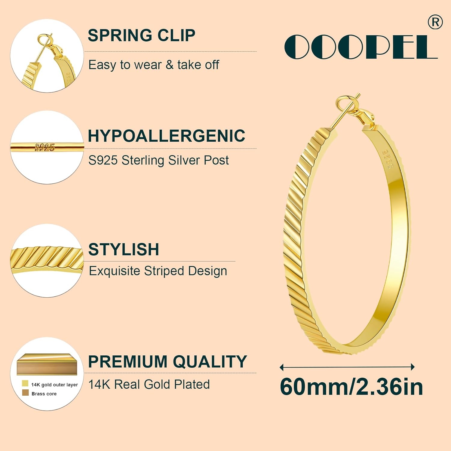 OOOPEL Wide Large Hoop Earrings for Women Stripe Chunky Hoops Minimalist S925 Sterling Silver Hypoallergenic Thick Big Gold Hoop Earrings