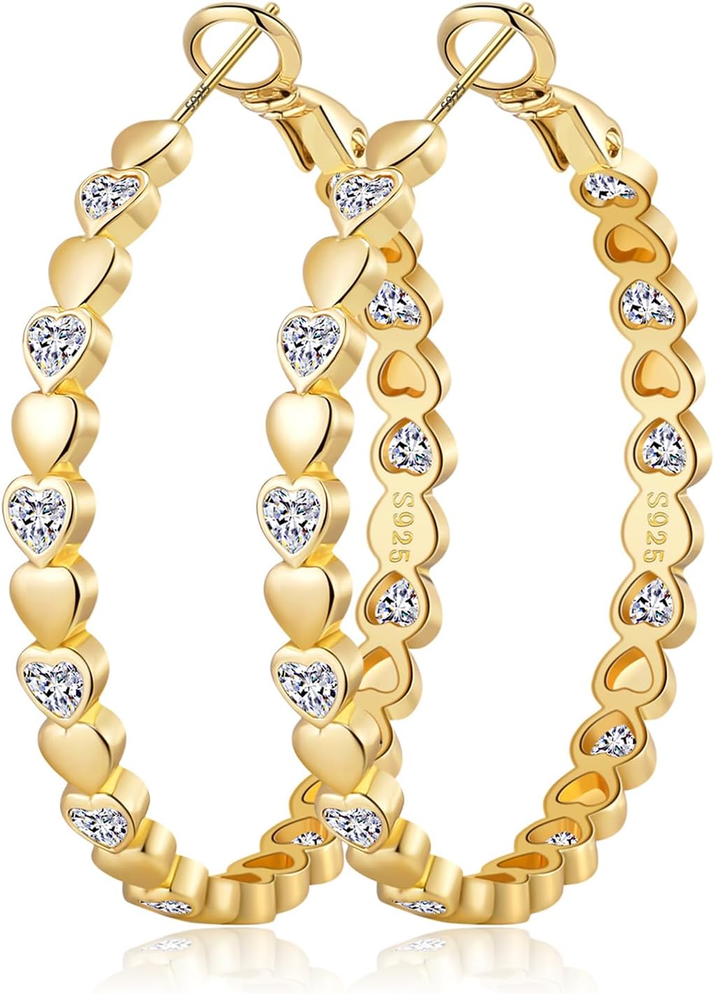 OOOPEL Heart Cubic Zirconia Large Hoop Earrings for Womens 925 Silver 14k Gold Plated Hypoallergenic Rhinestone Hoops Earring Sparkly Jewelry Gift 30/40/50/60mm