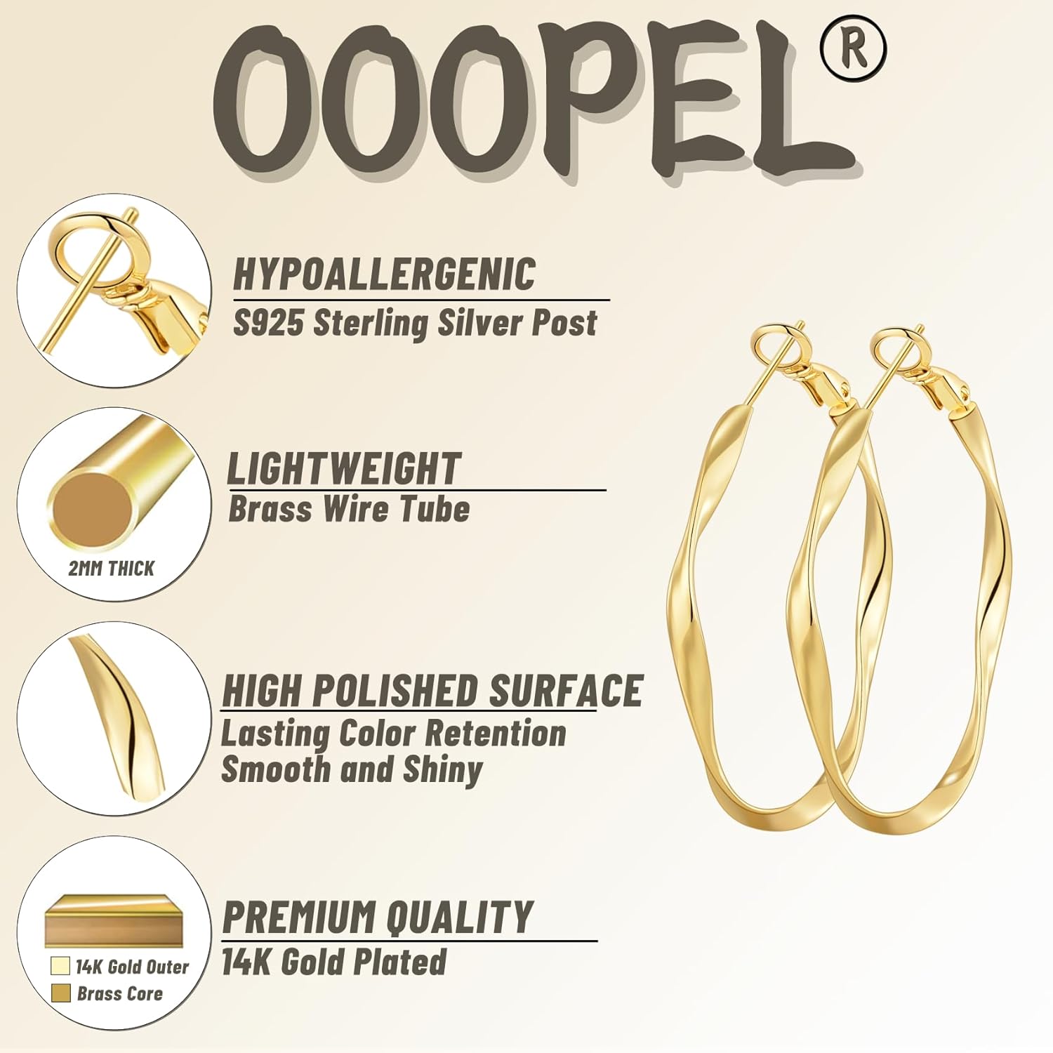 OOOPEL Gold Hoops Earrings for Women, Big 925 Sterling Silver Hoop Earrings Lightweight Hypoallergenic Sterling Silver Hoop Earrings for Women 30MM 40MM 50MM 60MM