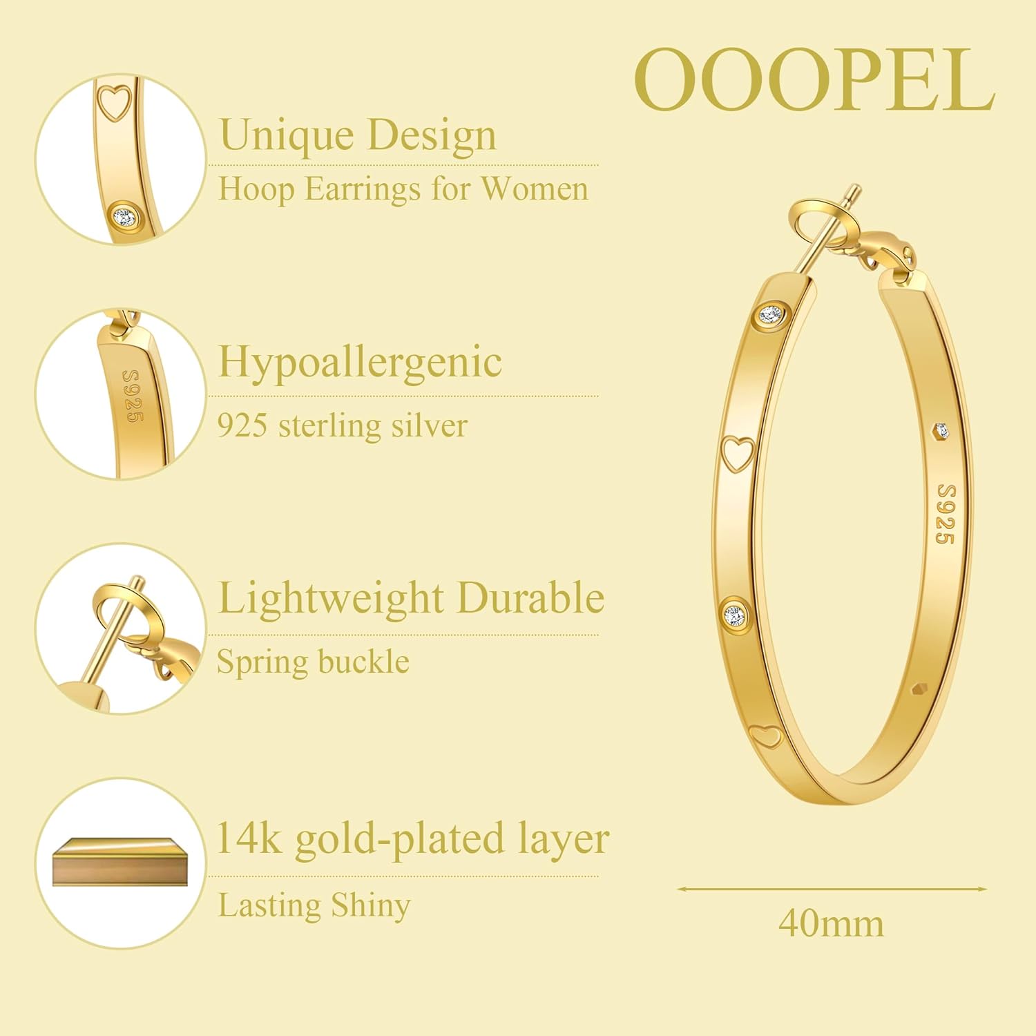 OOOPEL Sterling Silver Hoop Earrings for Women Gold Silver Large Hoops with Zirconia and Heart Engraving Hypoallergenic 4mm Wide Big Hoop Earrings for Women (30/40/50/60mm)