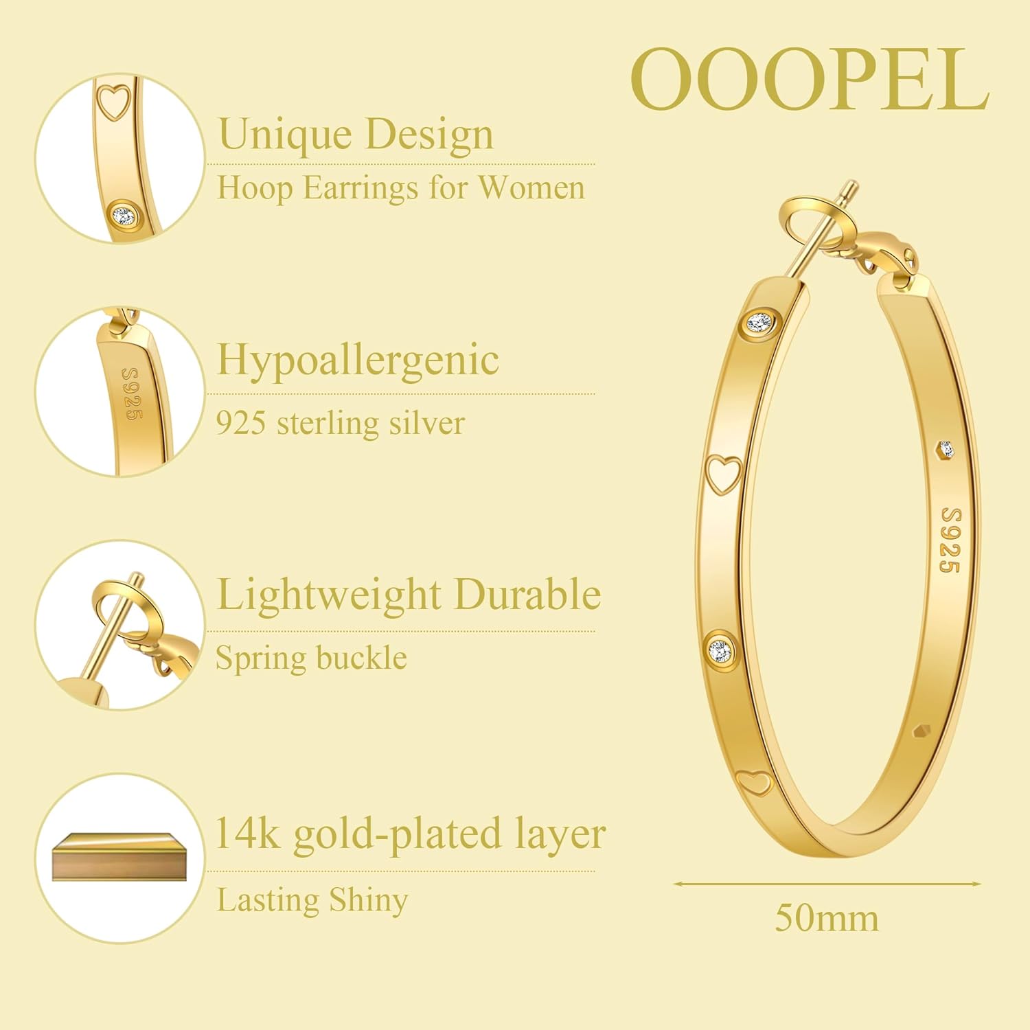 OOOPEL Sterling Silver Hoop Earrings for Women Gold Silver Large Hoops with Zirconia and Heart Engraving Hypoallergenic 4mm Wide Big Hoop Earrings for Women (30/40/50/60mm)