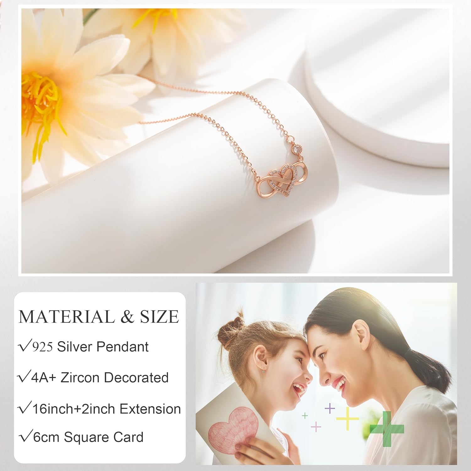 OOOPEL Gift for Mom/Daughter Sterling Silver Infinity Necklace with Heart Mother Daughter Necklace Birthday Mother's Day Gift for Mum Daughter with Love Card
