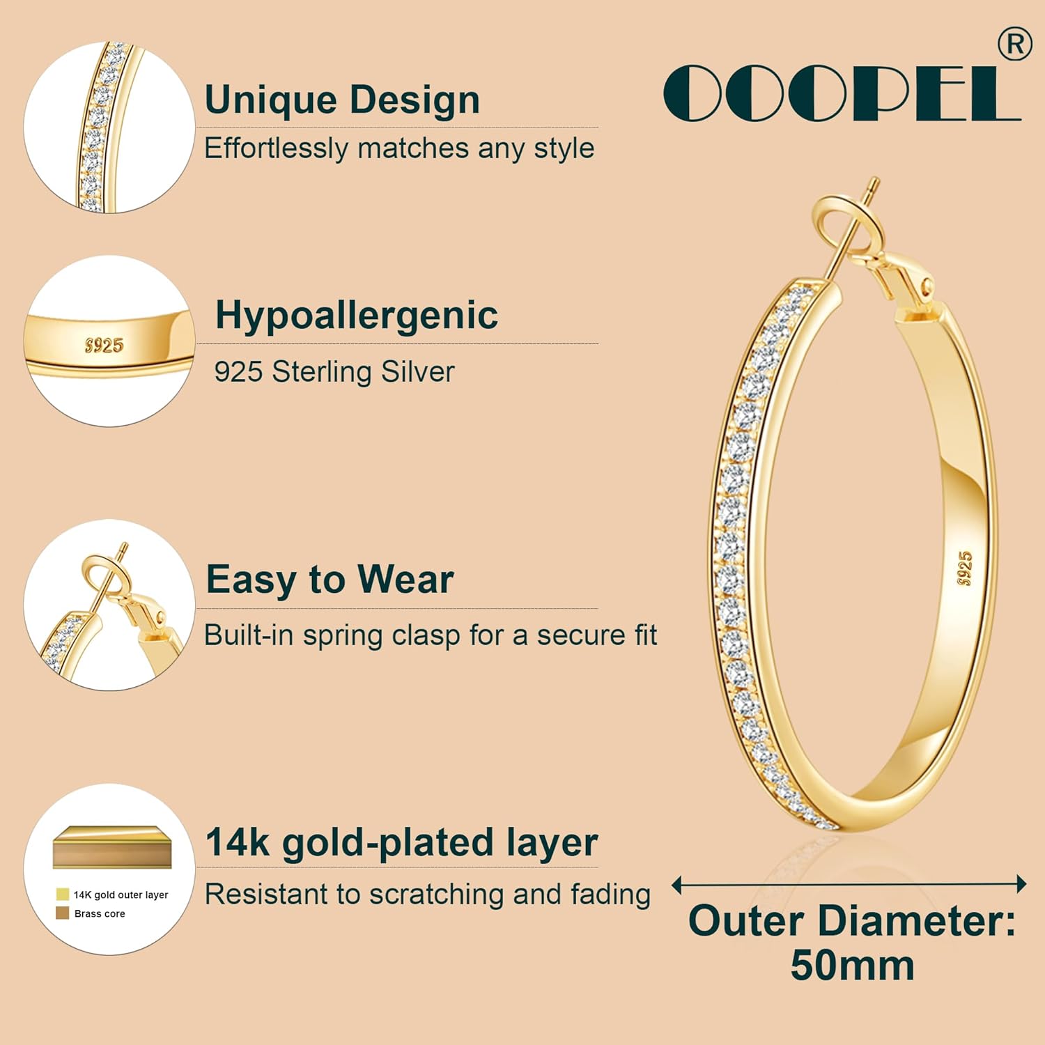 OOOPEL Large Rhinestone Hoops Sparkly Big CZ Hoop Earrings for Women Non Tarnish 925 Sterling Silver/Gold Plated Rhinestone Earrings for Sensitive Ears 30/40/50/60mm