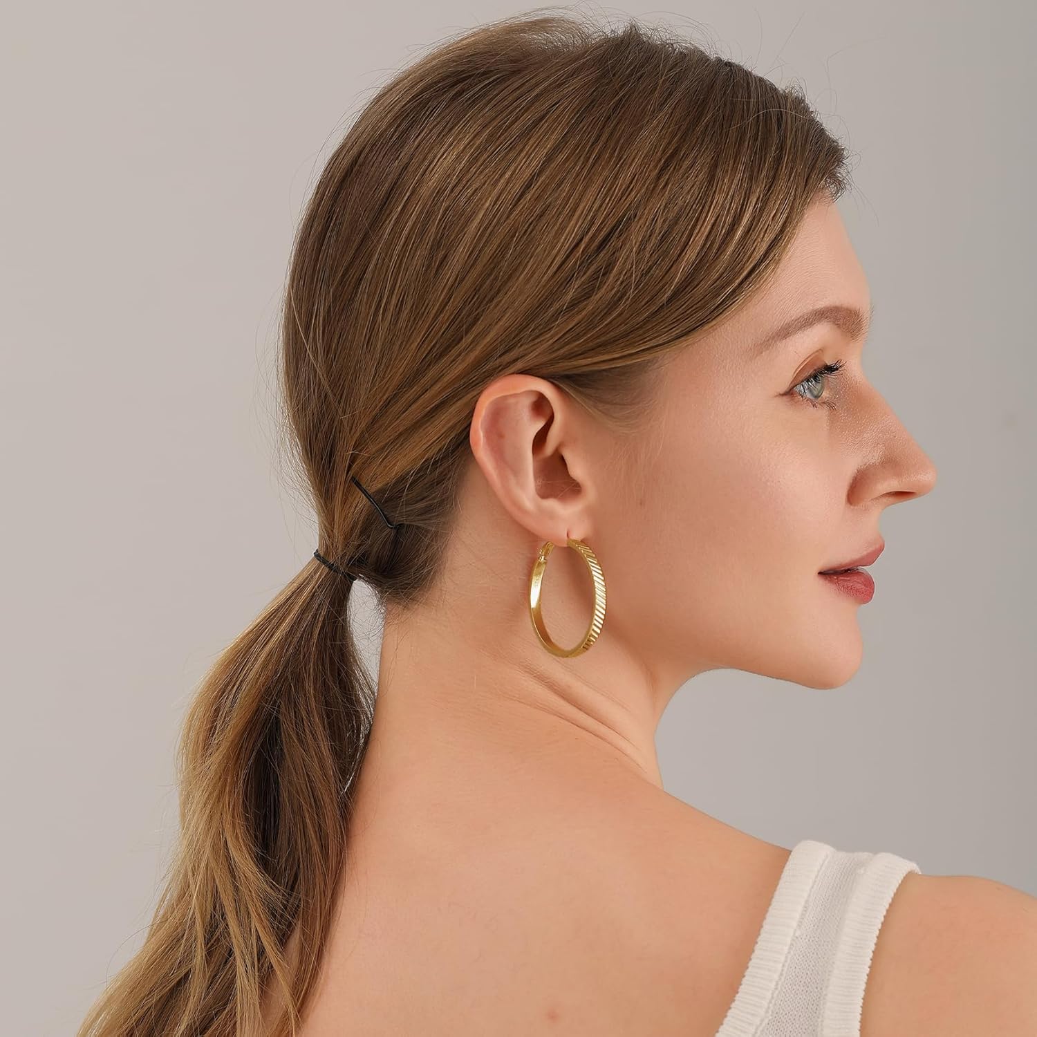 OOOPEL Wide Large Hoop Earrings for Women Stripe Chunky Hoops Minimalist S925 Sterling Silver Hypoallergenic Thick Big Gold Hoop Earrings