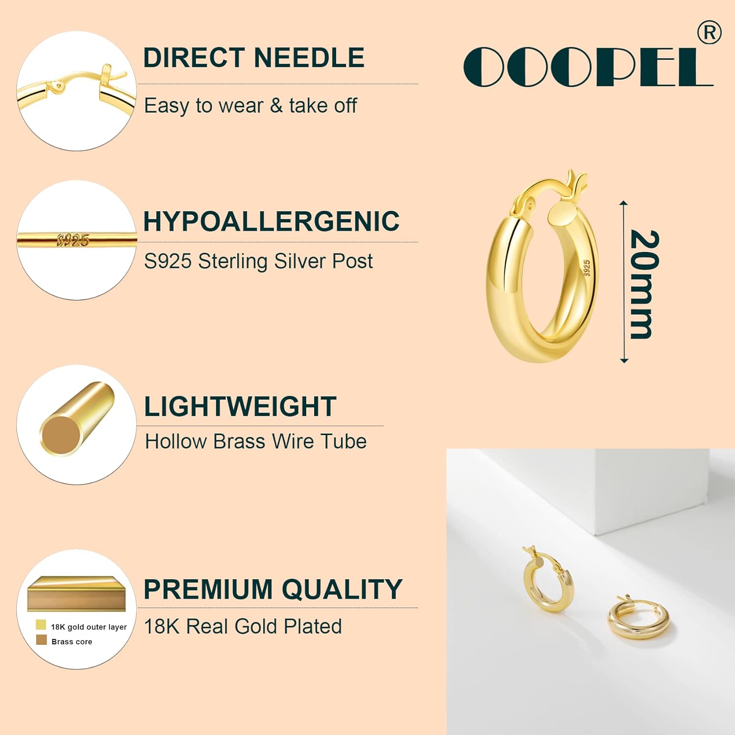 4mm Thick Gold Chunky Earrings Steling Silver Post Hoops Earrings For Women Hollow Tube Hoops Earrings Thick Gold Hoop Earrings Hypoallergenic Lightweight Gold Hoop Large Earrings 20/30/40/50/60MM