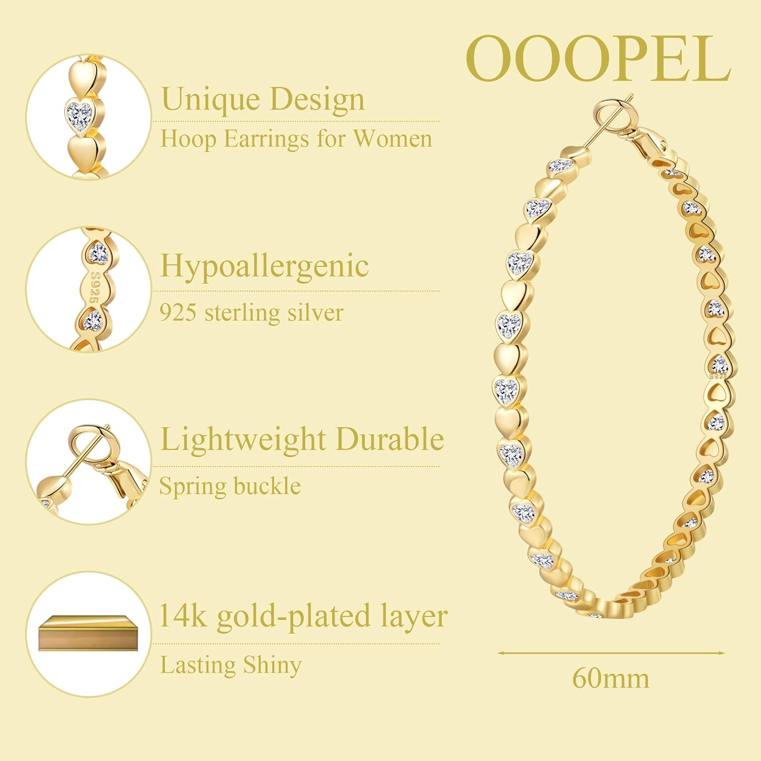 OOOPEL Heart Cubic Zirconia Large Hoop Earrings for Womens 925 Silver 14k Gold Plated Hypoallergenic Rhinestone Hoops Earring Sparkly Jewelry Gift 30/40/50/60mm
