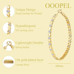 OOOPEL Heart Cubic Zirconia Large Hoop Earrings for Womens 925 Silver 14k Gold Plated Hypoallergenic Rhinestone Hoops Earring Sparkly Jewelry Gift 30/40/50/60mm
