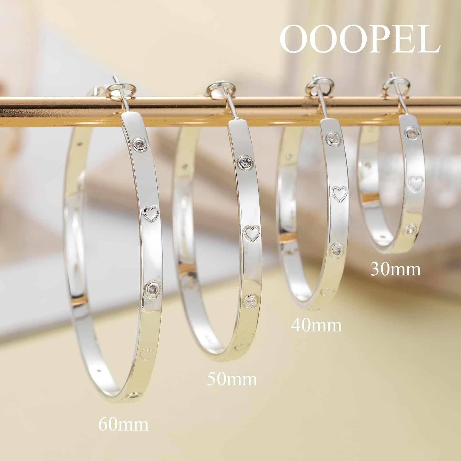 OOOPEL Sterling Silver Hoop Earrings for Women Gold Silver Large Hoops with Zirconia and Heart Engraving Hypoallergenic 4mm Wide Big Hoop Earrings for Women (30/40/50/60mm)