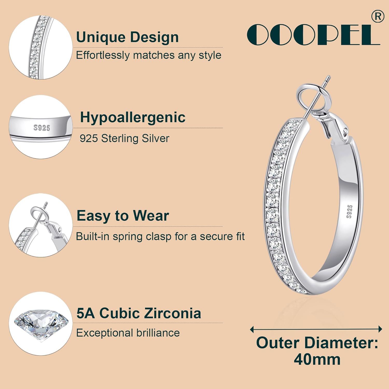OOOPEL Large Rhinestone Hoops Sparkly Big CZ Hoop Earrings for Women Non Tarnish 925 Sterling Silver/Gold Plated Rhinestone Earrings for Sensitive Ears 30/40/50/60mm